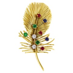 Vintage Boucheron Feather Brooch with Emeralds, Rubies, Sapphires and Diamonds