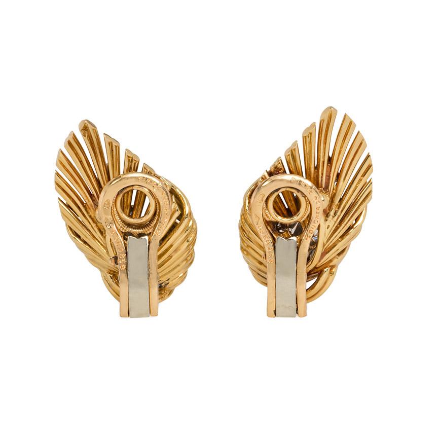 Retro Boucheron, France 1950s Gold and Diamond Stylized Flame Earrings