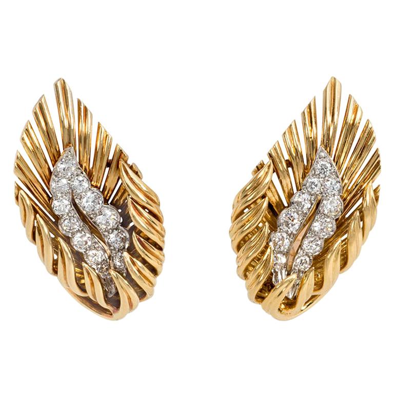 Boucheron, France 1950s Gold and Diamond Stylized Flame Earrings