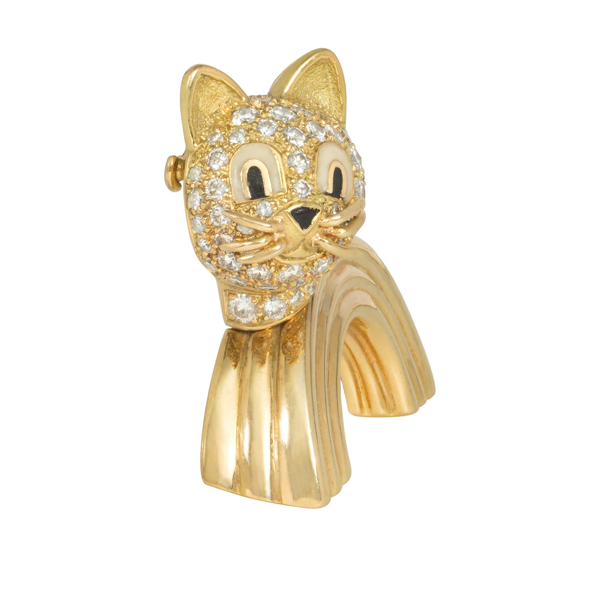 A whimsical Mid-Century gold, diamond, and enamel brooch in the form of a cat with a diamond-set head, enameled facial features, and a curved and ribbed body, in 18k and platinum.  Boucheron, France.  Atw diamonds 1.50 cts.

* Includes Kentshire's