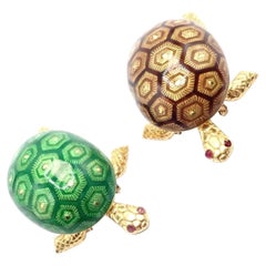 Boucheron France Yellow Gold Enamel Set Of Two Turtle Brooches