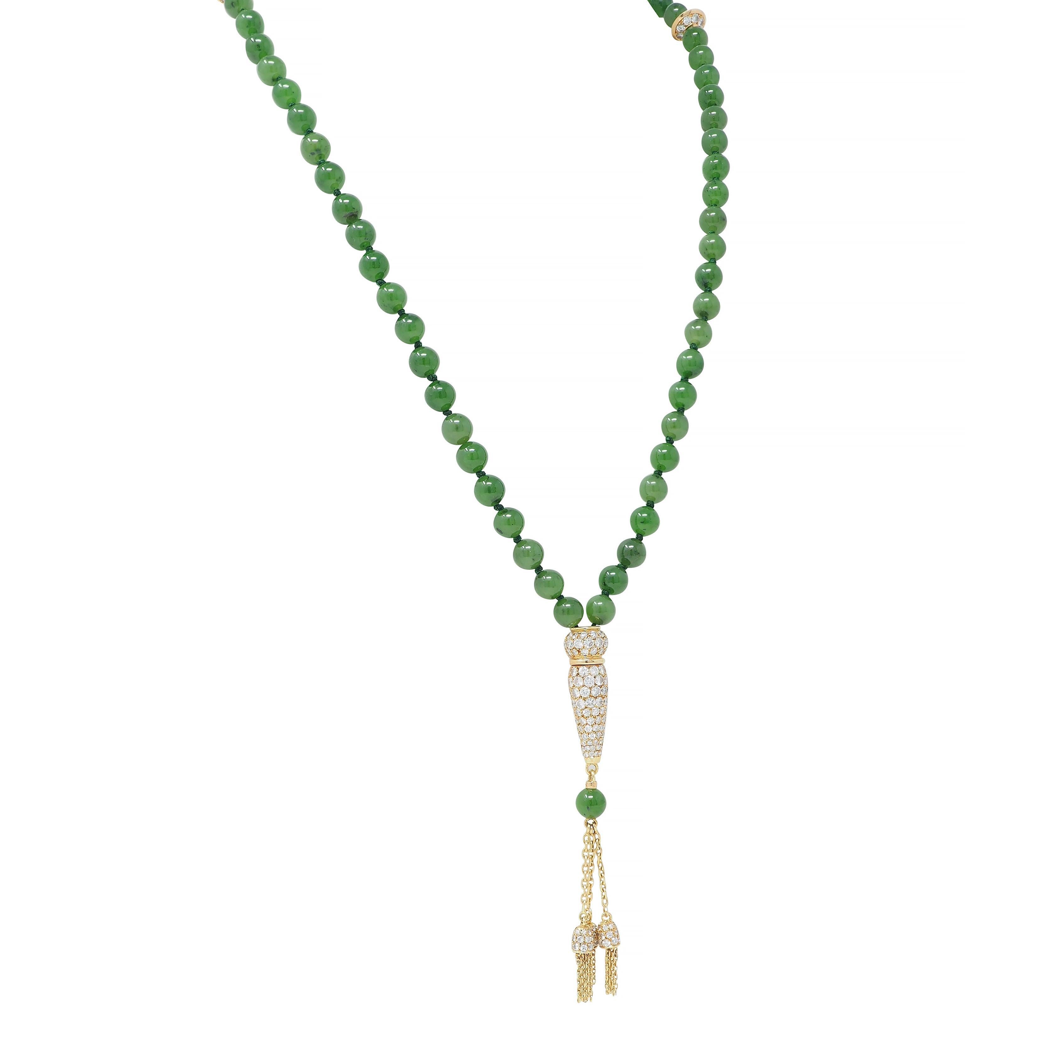 Boucheron French 1970's Diamond Jade Bead 18K Gold Vintage Sautoir Necklace In Excellent Condition For Sale In Philadelphia, PA