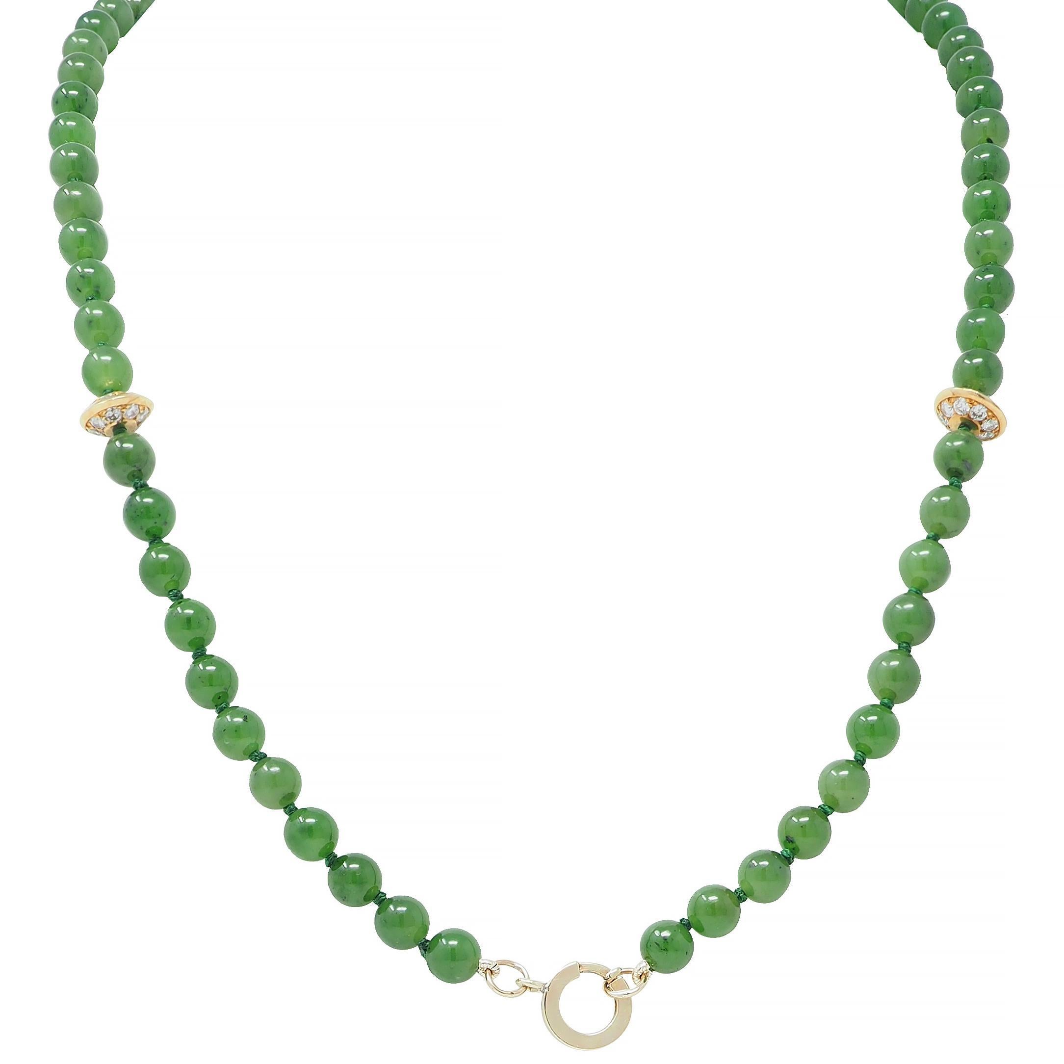 Women's or Men's Boucheron French 1970's Diamond Jade Bead 18K Gold Vintage Sautoir Necklace For Sale