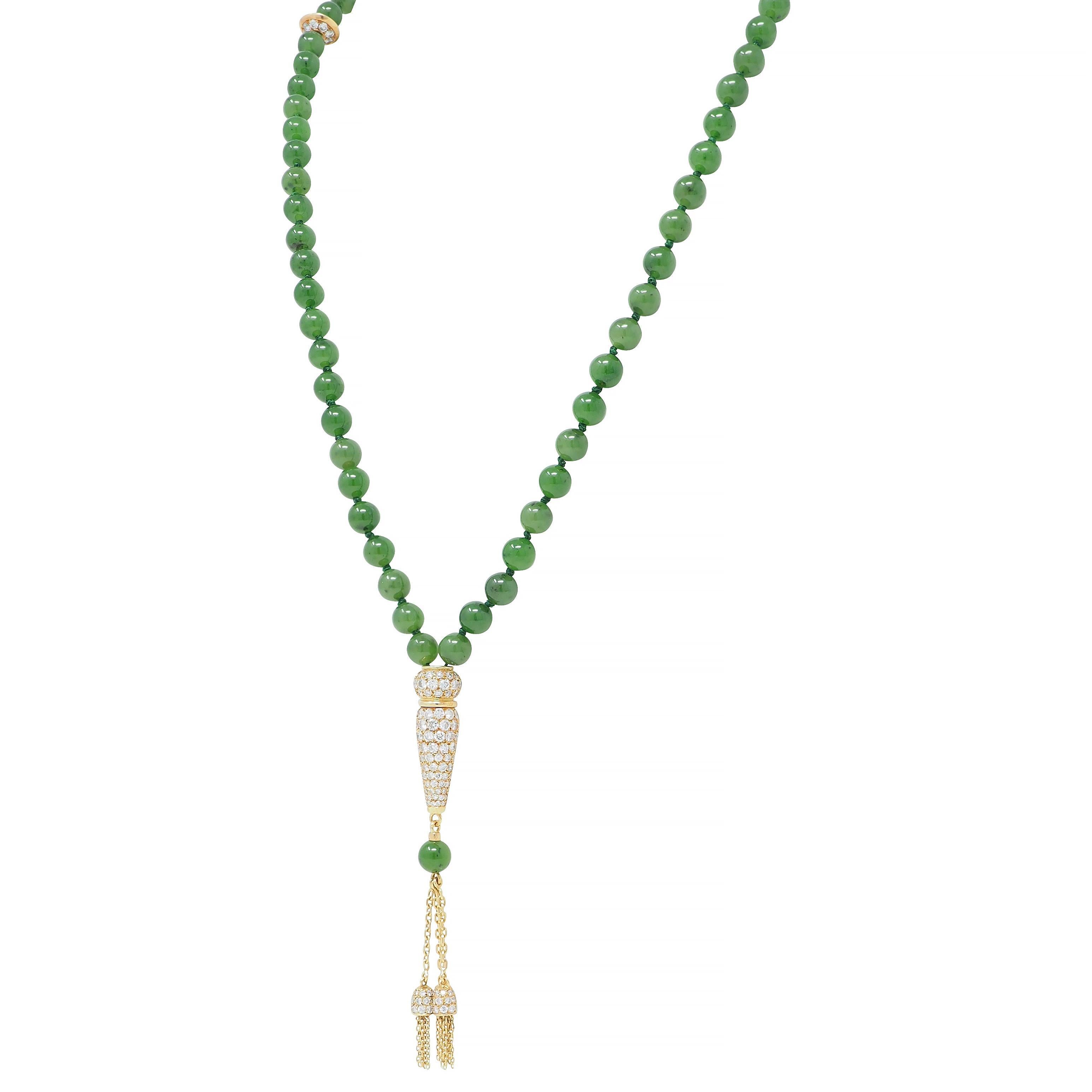 Boucheron French 1970's Diamond Jade Bead 18K Gold Vintage Sautoir Necklace For Sale 1