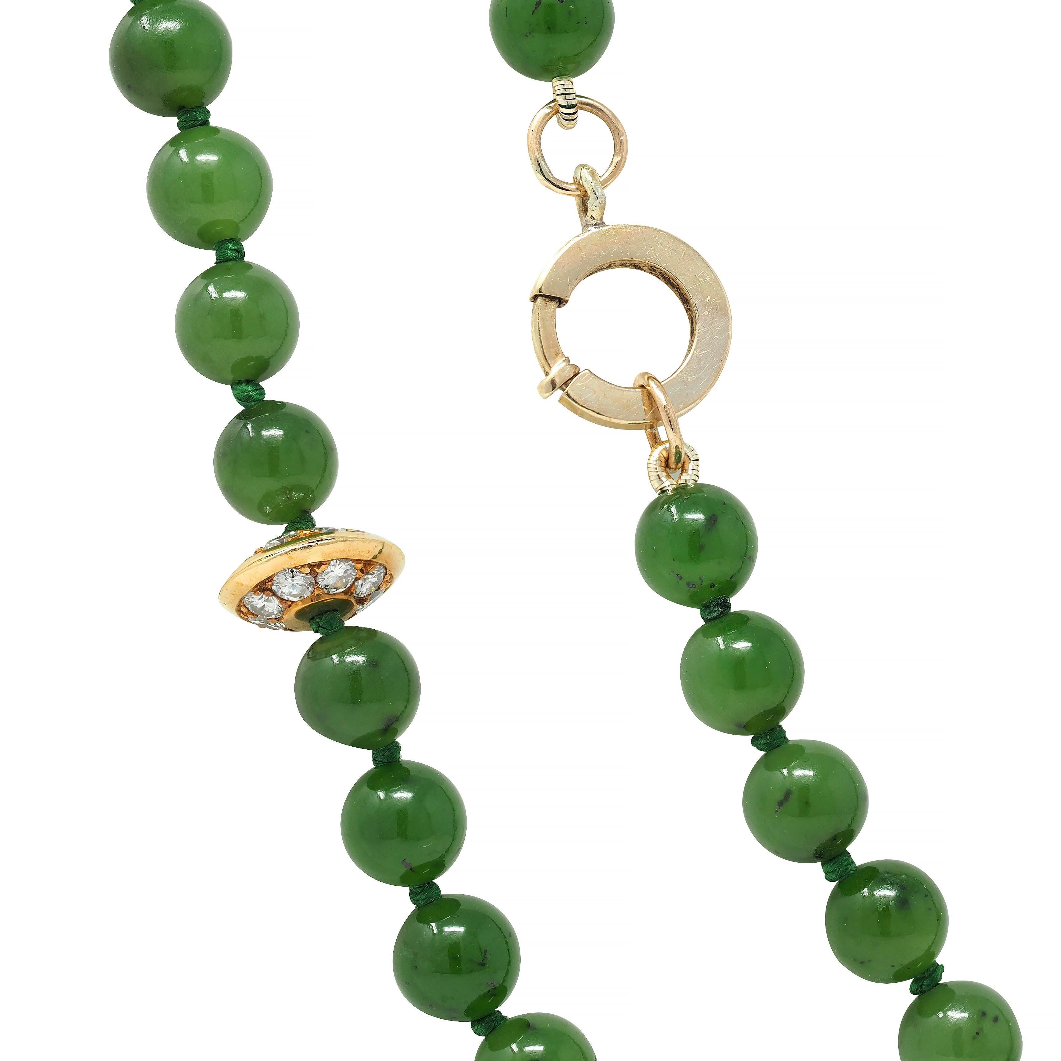 Boucheron French 1970's Diamond Jade Bead 18K Gold Vintage Sautoir Necklace For Sale 2