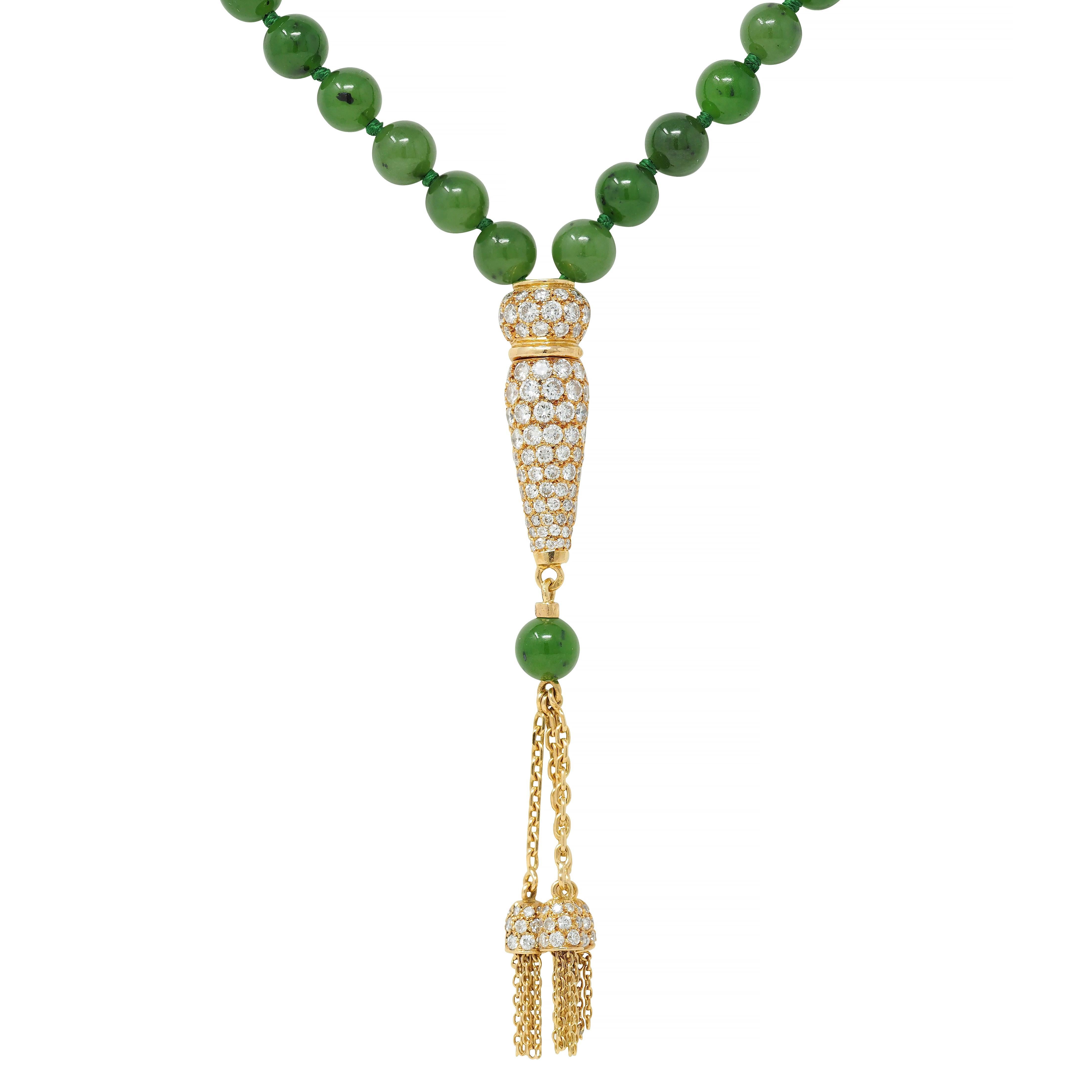 Boucheron French 1970's Diamond Jade Bead 18K Gold Vintage Sautoir Necklace For Sale 3