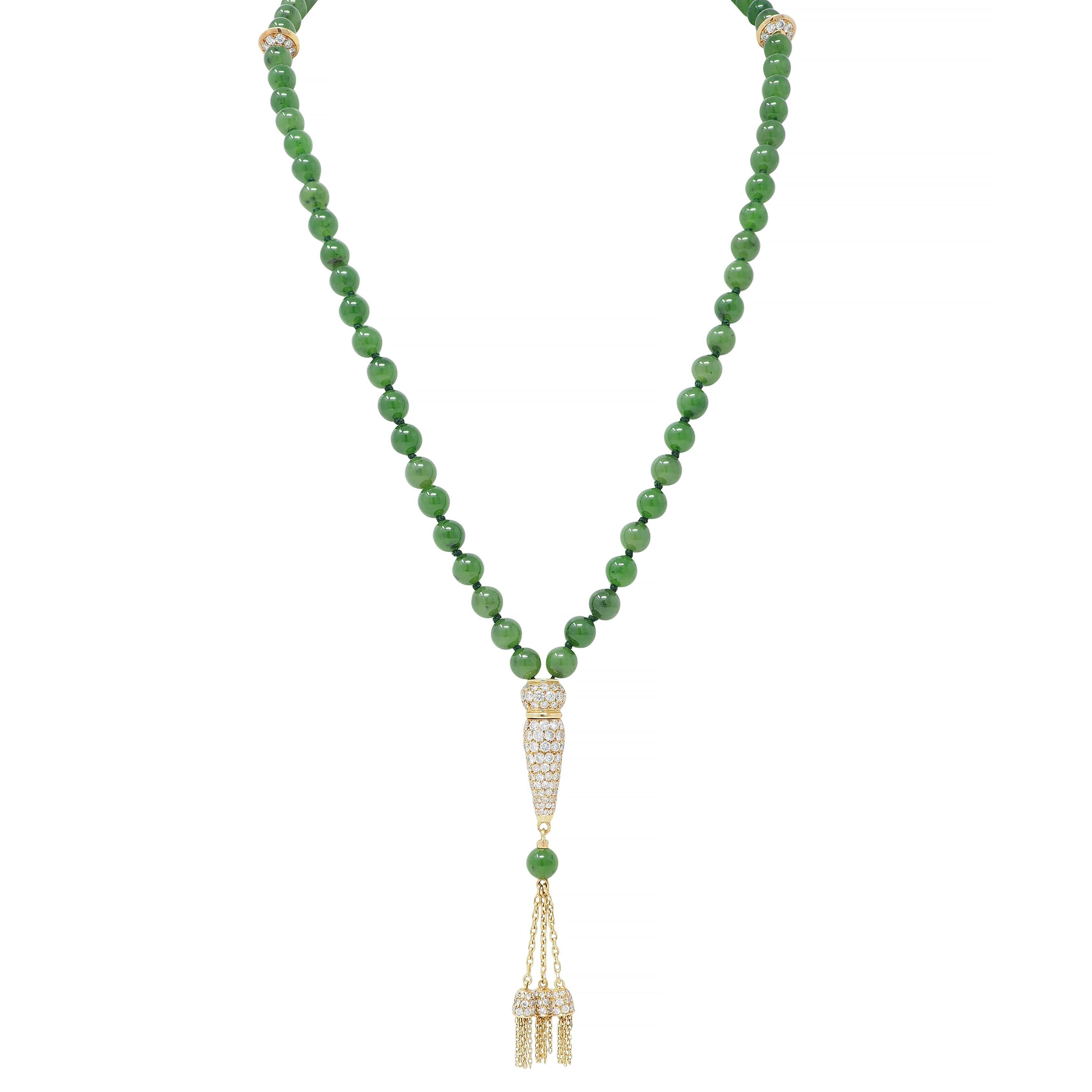 Collar Sautoir Vintage de Oro de 18 quilates con Cuentas de Jade y Diamantes de los años 70 Franceses Boucheron