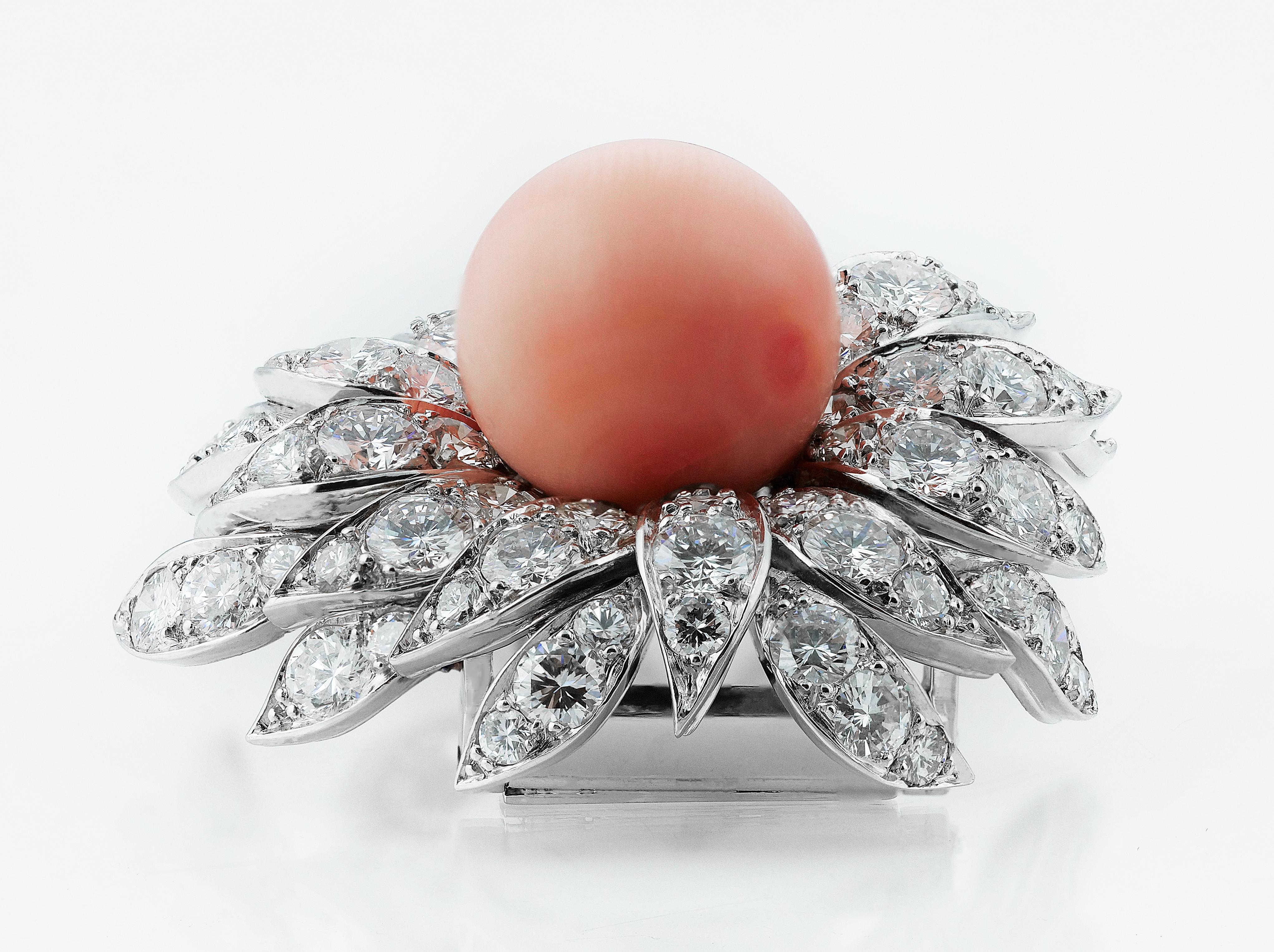 Round Cut Boucheron French 1980's Vintage Floral/Flower Pink Coral & Diamonds Brooch
