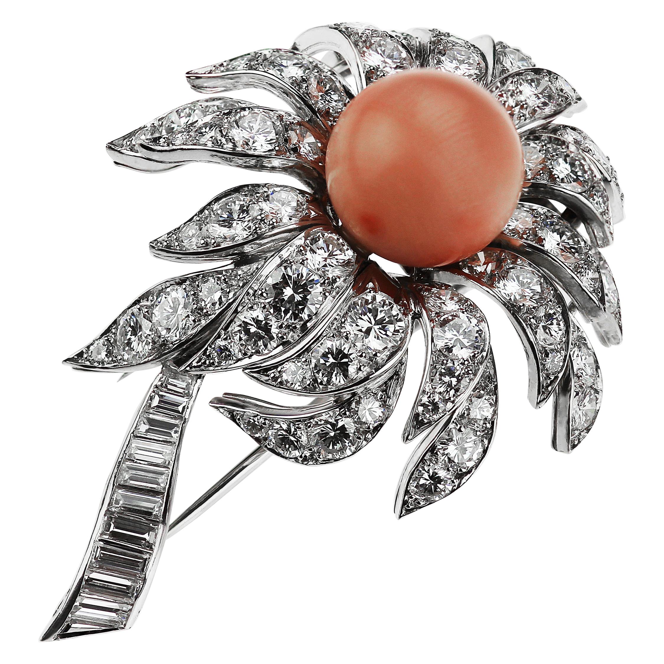 Boucheron French 1980s Vintage Floral/Flower Pink Coral and Diamonds Brooch