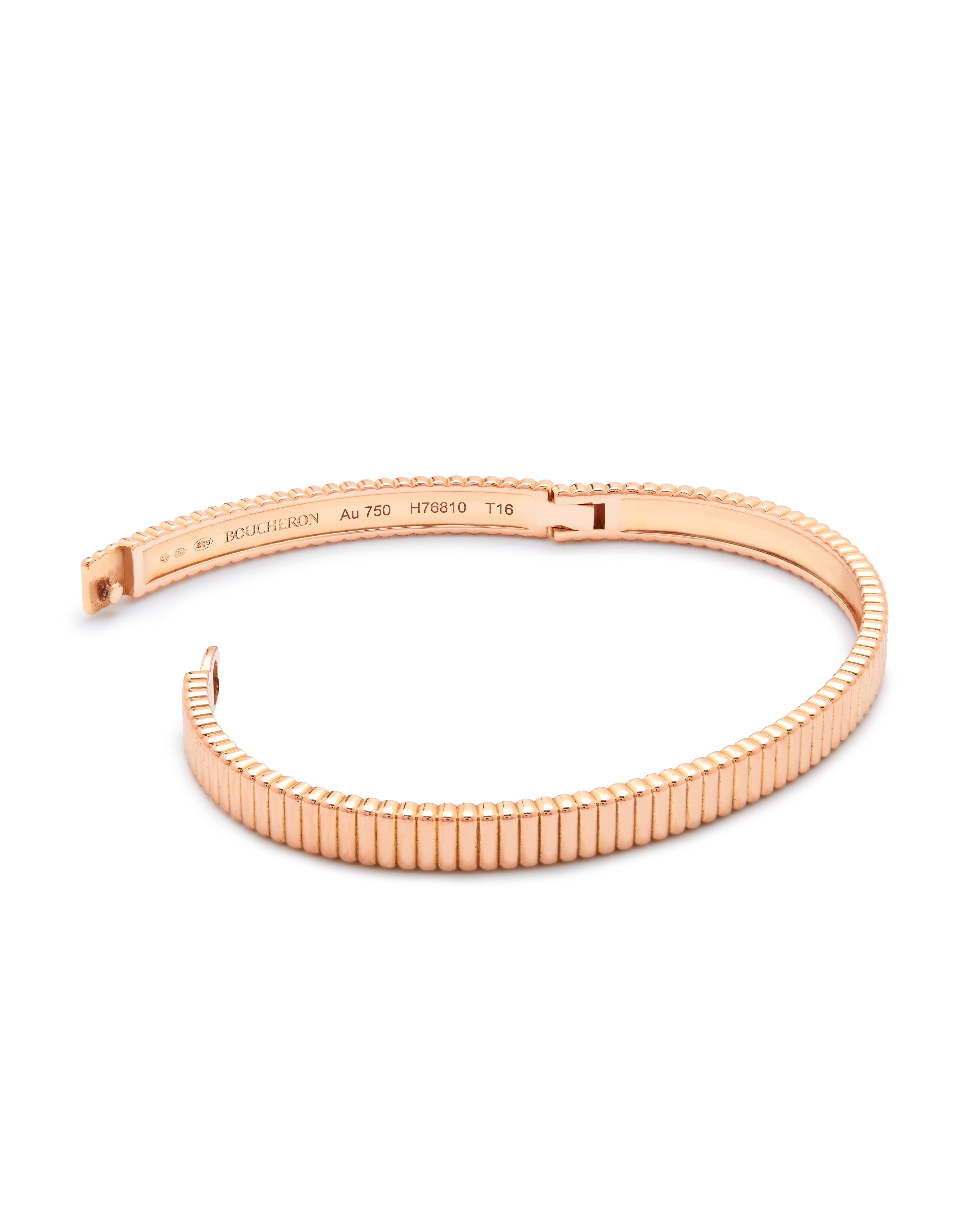 Boucheron Grograin in oro rosa taglia 16

Questo bellissimo bracciale in oro rosa testurizzato, icona della Maison, può essere abbinato al bracciale Clou o al bracciale Love. 

Boucheron ha realizzato questo pezzo in numero molto limitato, trae
