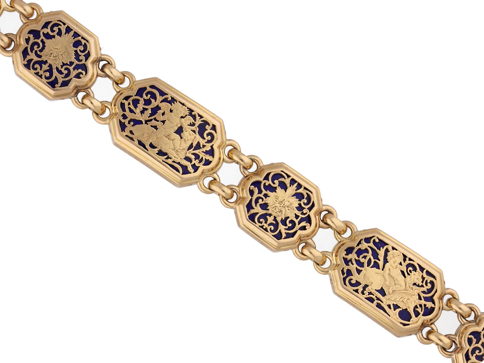 Boucheron guilloché enamel bracelet. A rose gold bracelet composed of eight plaques, the four larger plaques depicting from left to right; a winged cherub on the back of a dragon, a winged cherub sat on the back of a hound, a cherub sat astride a