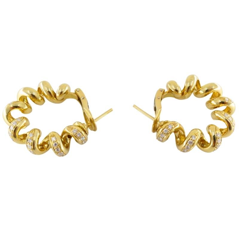 Round Cut Boucheron Hoop Earrings Swirl Design 18k Gold Diamond For Sale