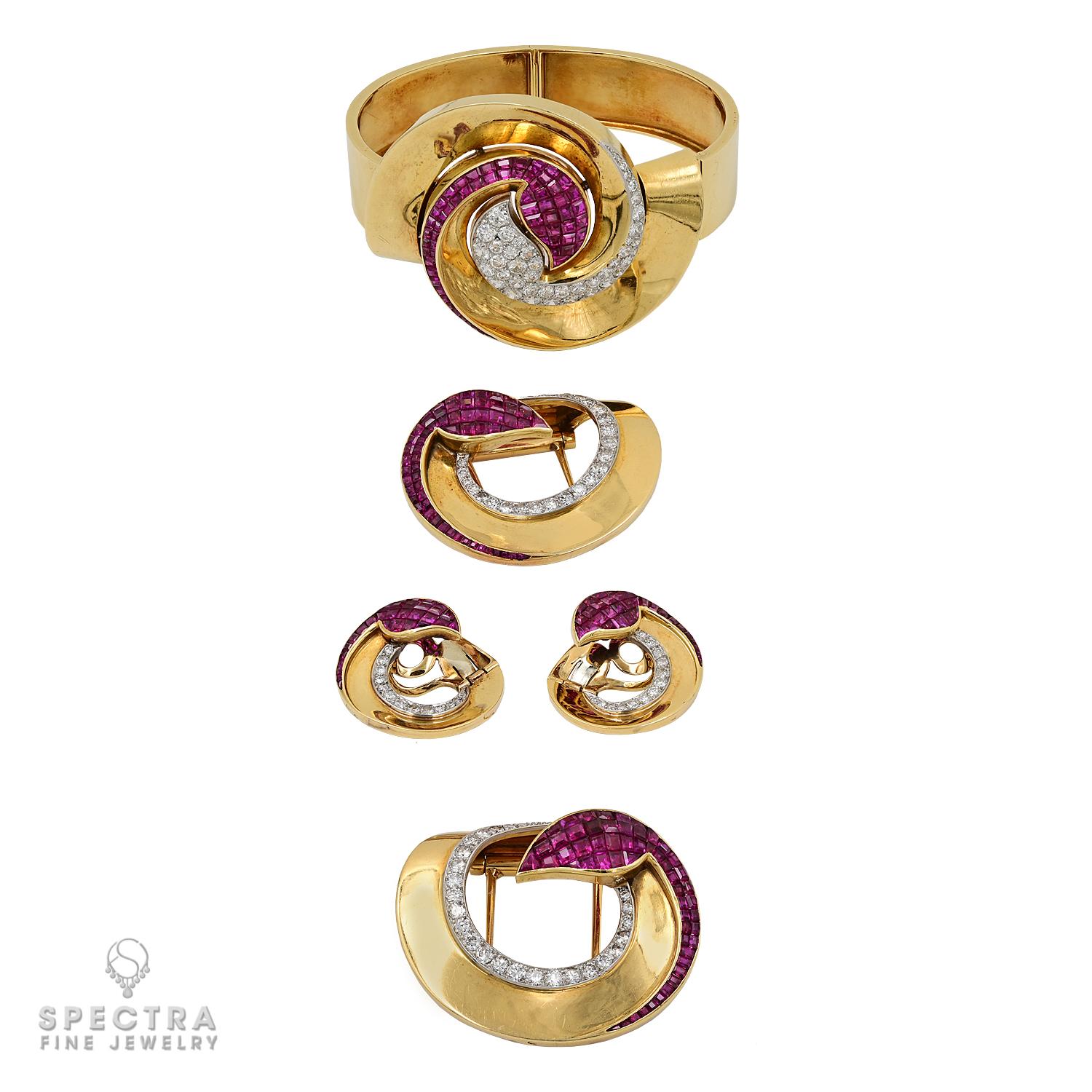 Captivating and enigmatic, the serpent has been a timeless theme in jewelry, and this Boucheron Invisibly-Set Ruby and Diamond Suite, crafted in France in 1930 during the Art Deco era, embodies its allure. Consisting of four distinct pieces — a