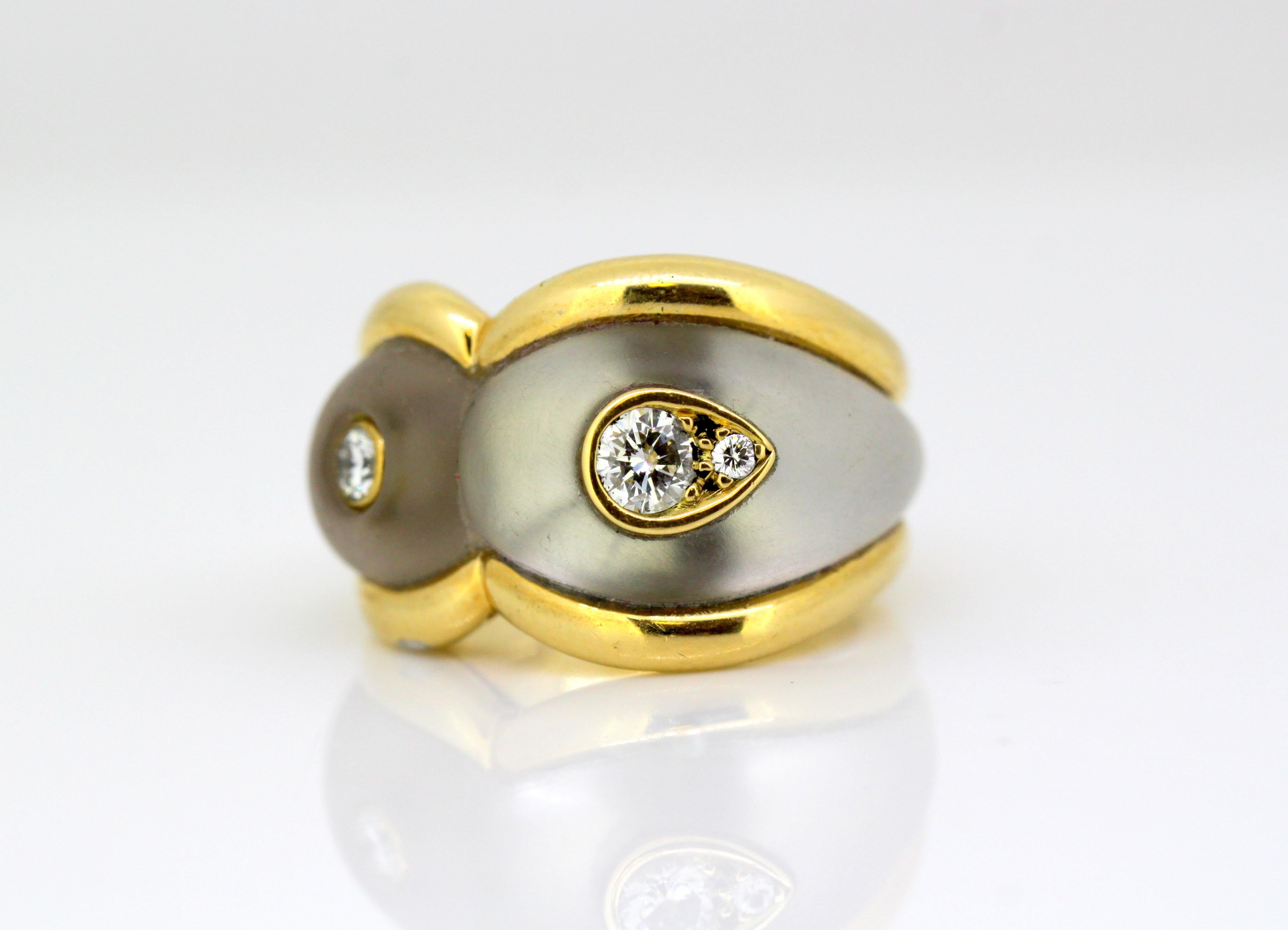 Ladies 18k gold ring with diamonds and quartz 
Designer : Boucheron 
Made in France Circa.1980's 
Fully hallmarked. 

Dimensions - 
Size : 2.5 x 2.5 x 1.5 cm 
Finger Size: (UK) = K (US) = 5 1/2 (EU) = 50 1/4 
Weight : 17 grams 

Diamonds - 
Cut :