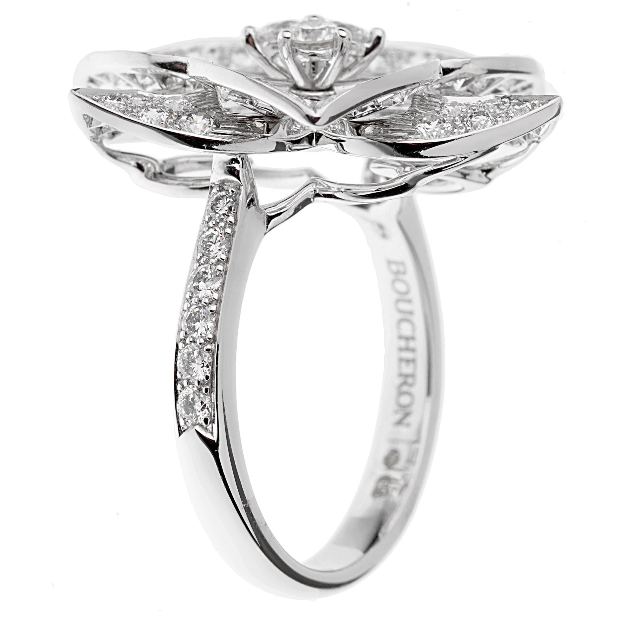 Round Cut Boucheron Large Flower Diamond 18k White Gold Cocktail Ring Sz 5 1/2 For Sale