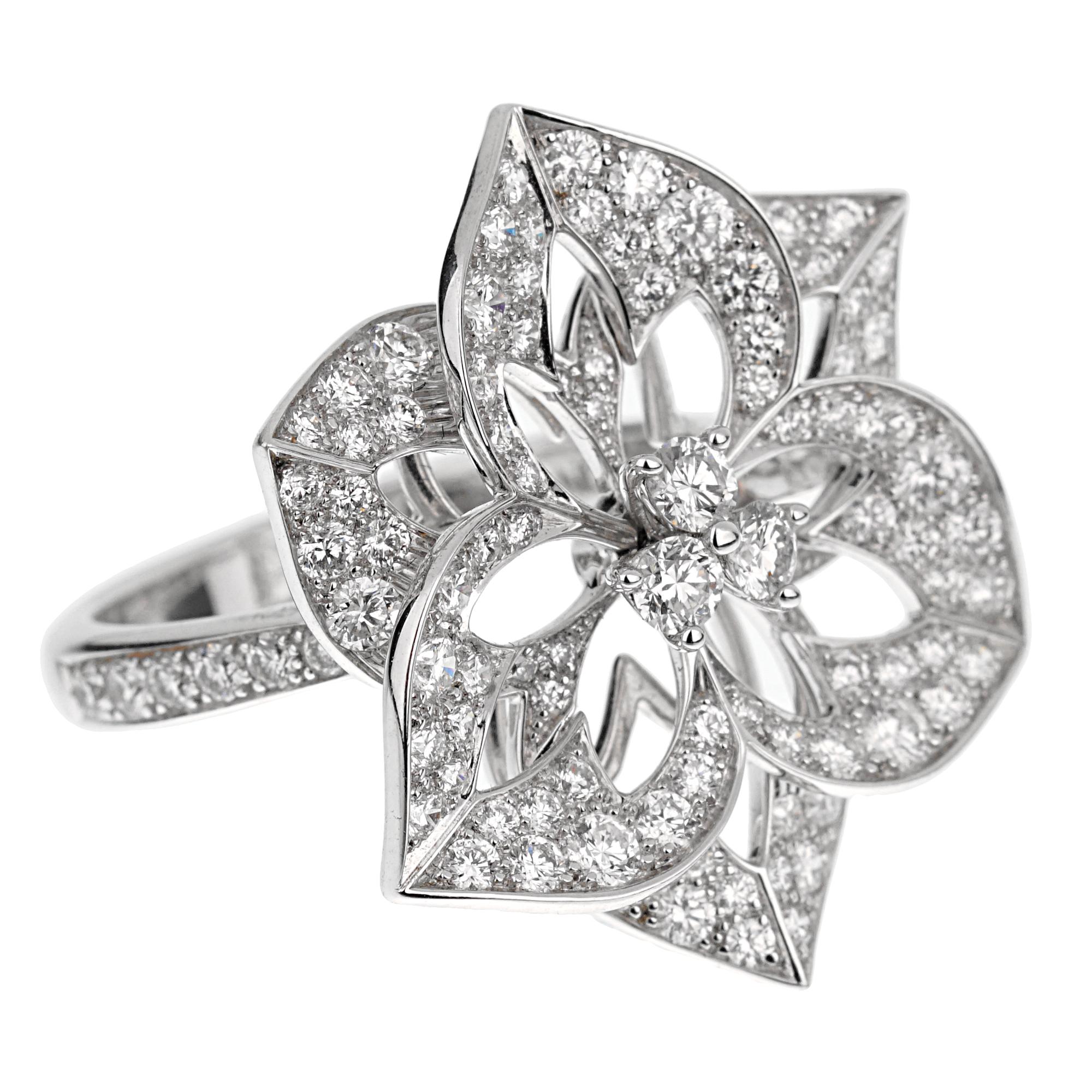 Boucheron Large Flower Diamond 18k White Gold Cocktail Ring Sz 5 1/2 In Excellent Condition For Sale In Feasterville, PA