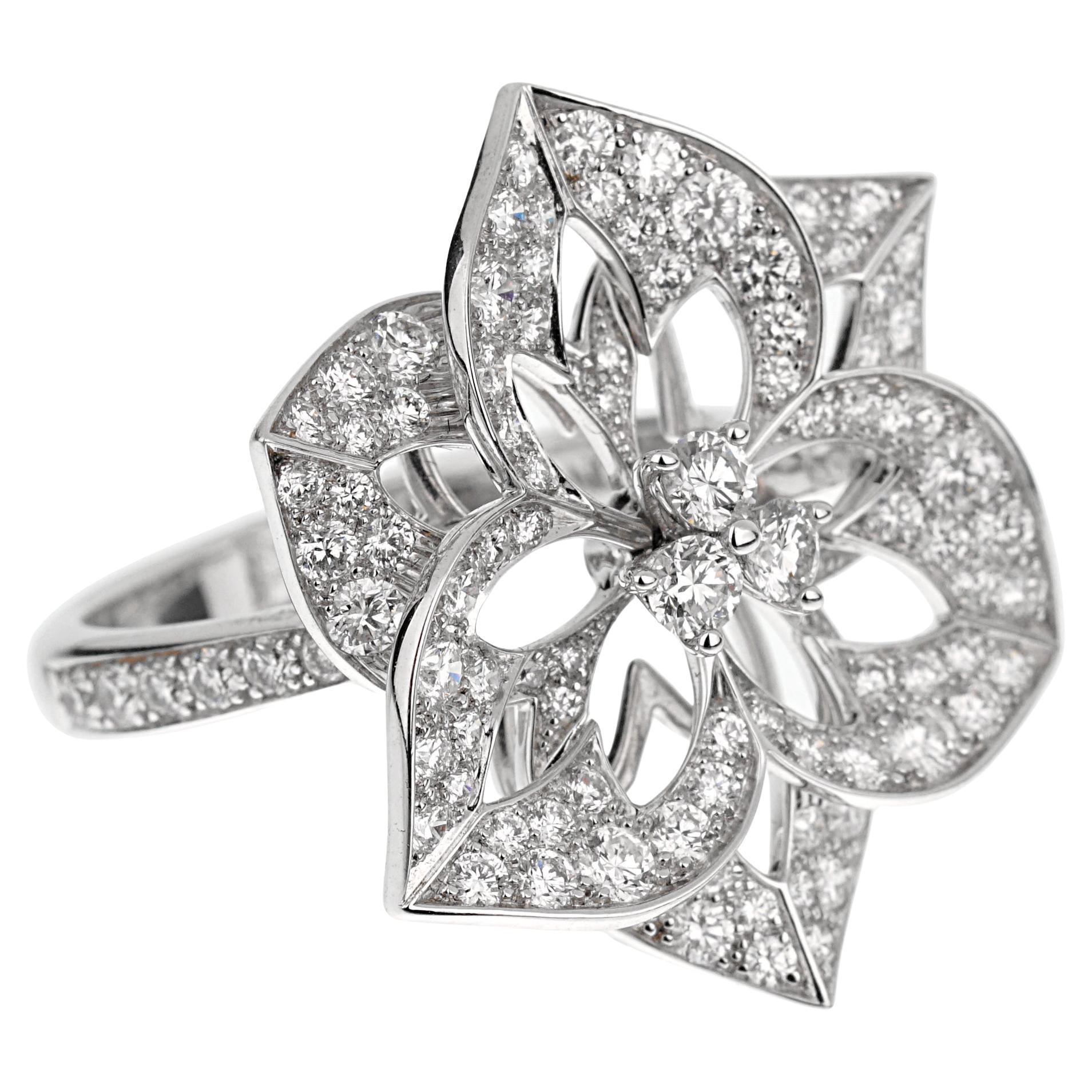 Boucheron Gran Flor Diamante Oro Blanco 18k Anillo Cocktail Sz 5 1/2