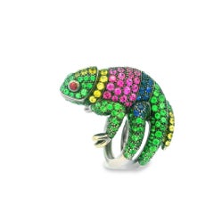 Boucheron “Masy the Chameleon” Tsavorite Sapphire Ruby Gold Animal Ring, French