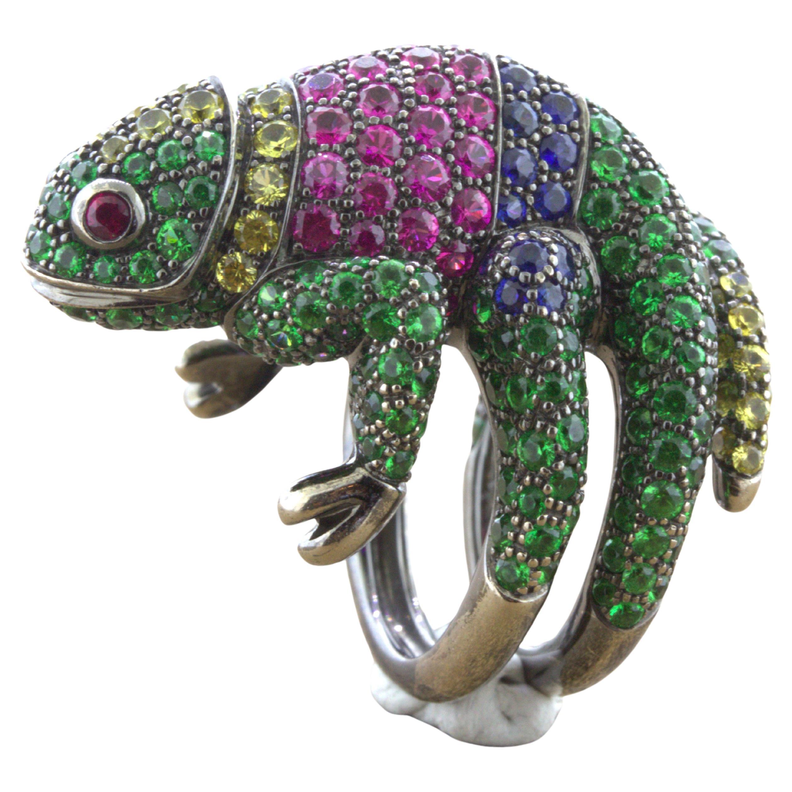 Boucheron “Masy the Chameleon” Tsavorite Sapphire Ruby Gold Animal Ring, French For Sale
