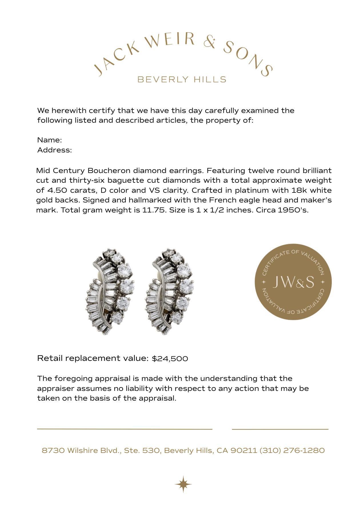 Orecchini di diamanti in platino Boucheron Mid Century da 4,50 carati In condizioni buone in vendita a Beverly Hills, CA