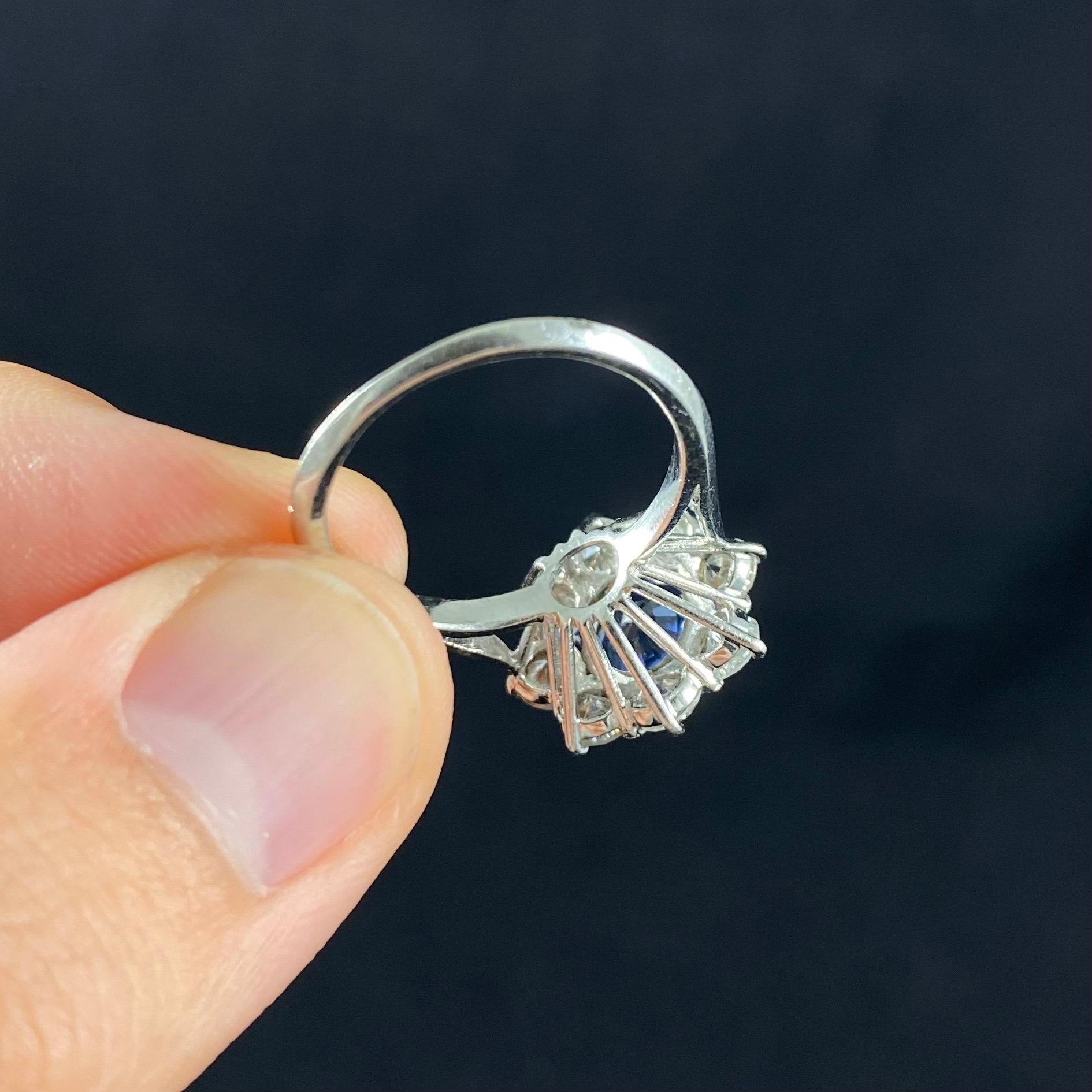 Boucheron Mid-Century Ceylon Sapphire Diamond Cluster Engagement Ring White Gold For Sale 1