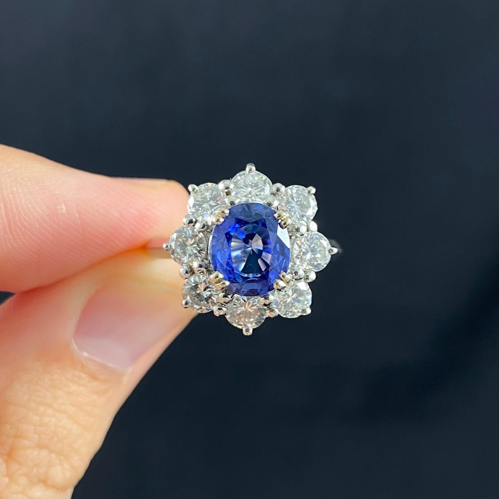 Modern Boucheron Mid-Century Ceylon Sapphire Diamond Cluster Engagement Ring White Gold For Sale