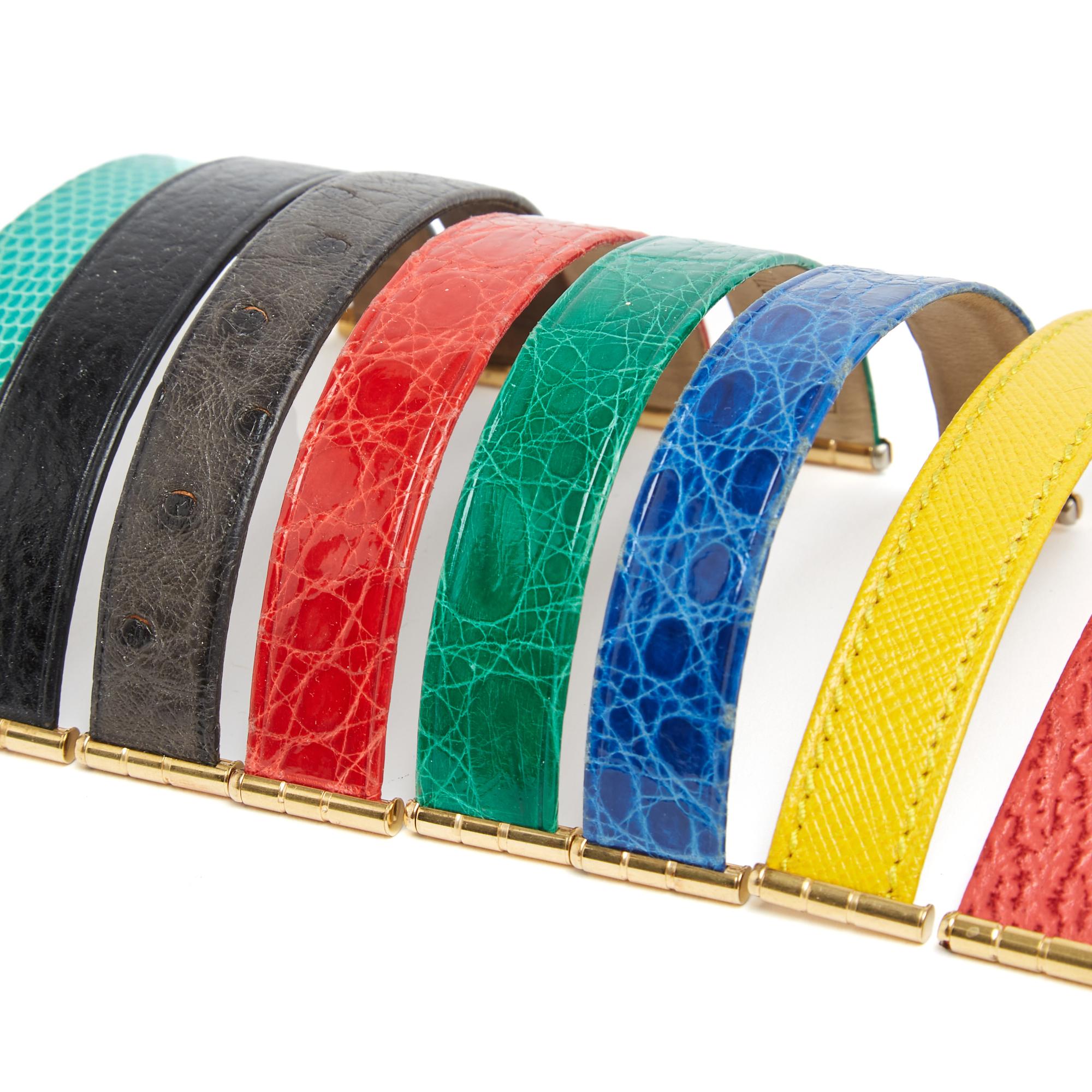 Set of 8 Boucheron leather straps for the Reflets watch, Small format (case diameter 1.8 cm excluding crown), with gold metal tips, including 1 black measuring 12.3 cm (11.8 cm excluding tips), 1 anthracite gray measuring 12.6 cm (12 cm excluding