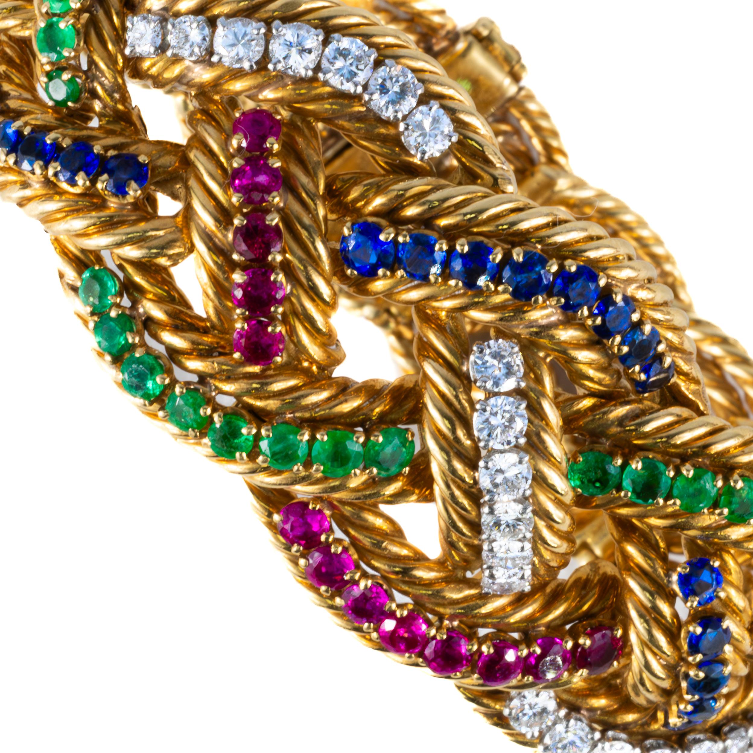 Rétro Boucheron - Bracelet en or tressé, multigemmes et diamants en vente