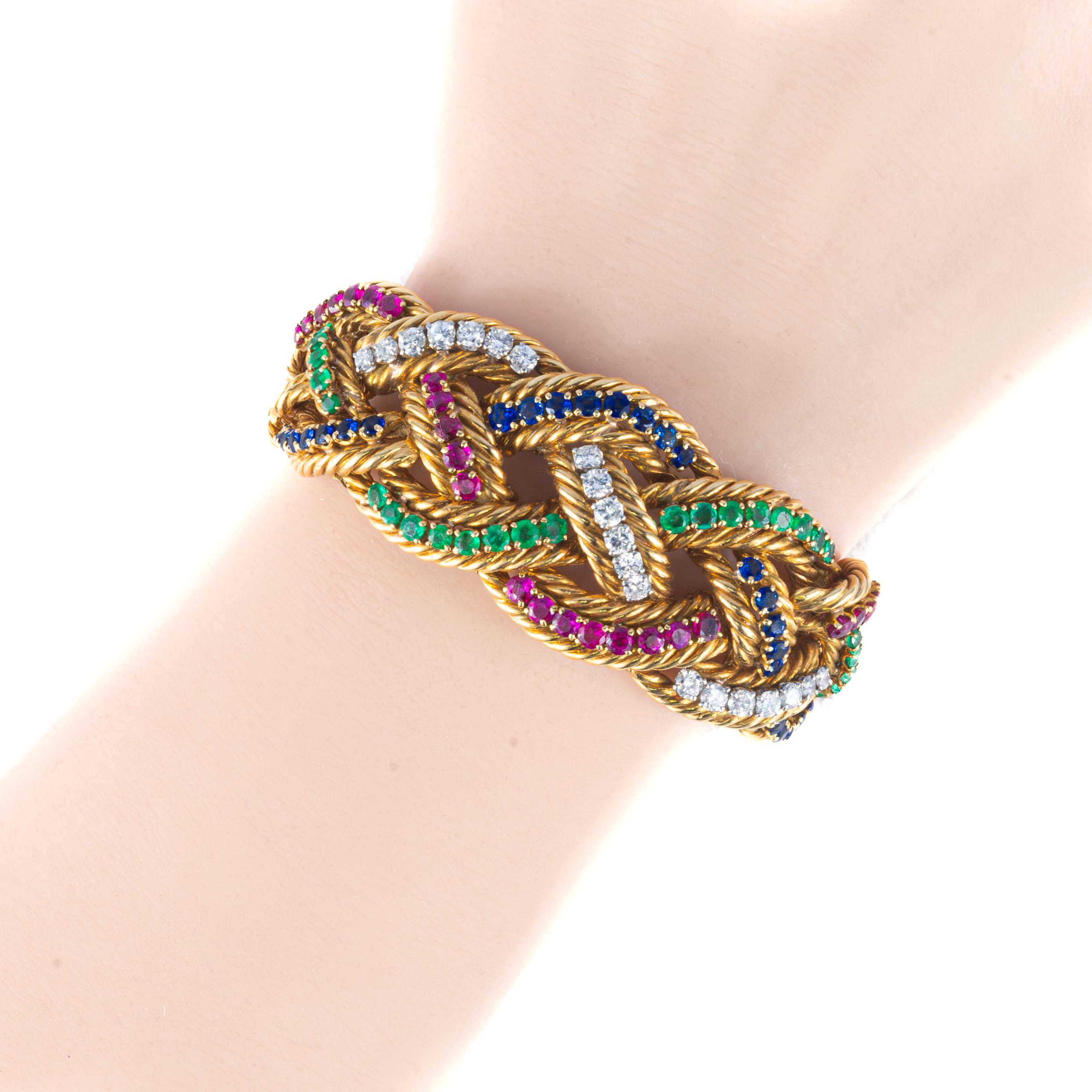 Boucheron - Bracelet en or tressé, multigemmes et diamants Unisexe en vente