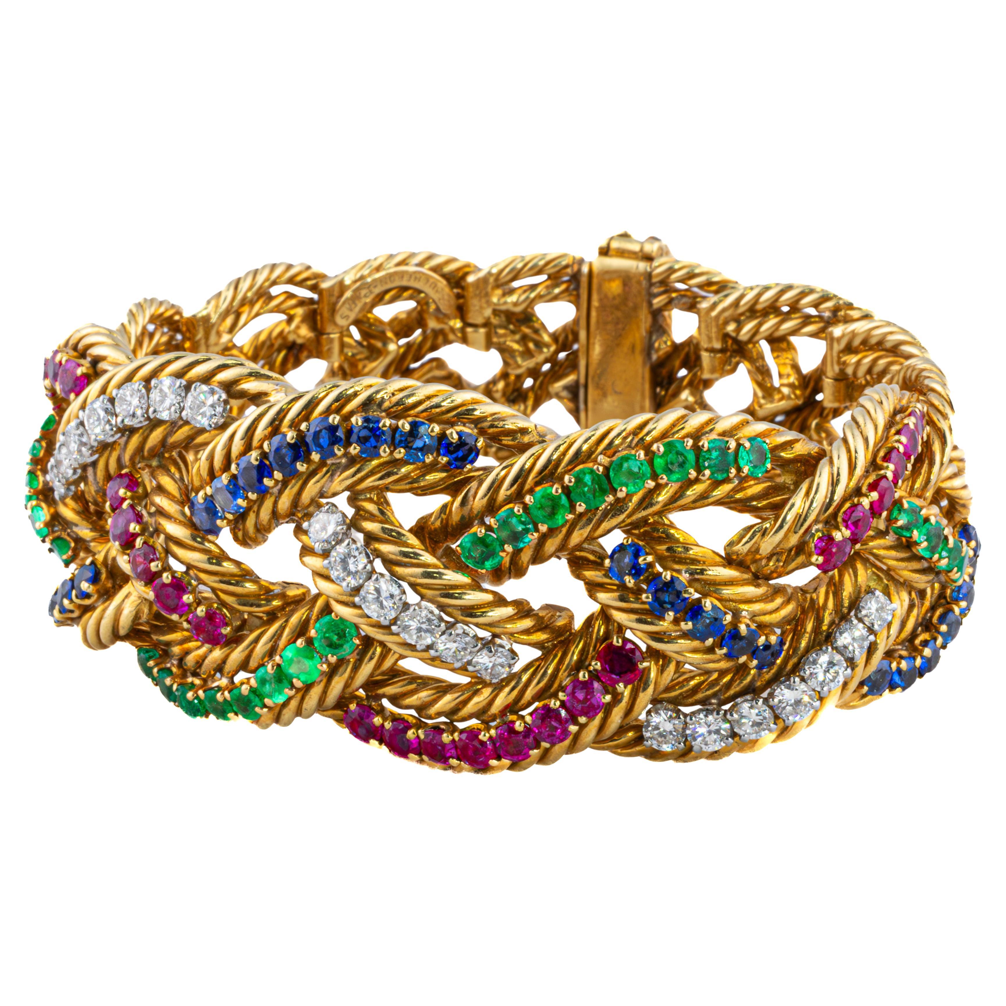 Boucheron - Bracelet en or tressé, multigemmes et diamants en vente