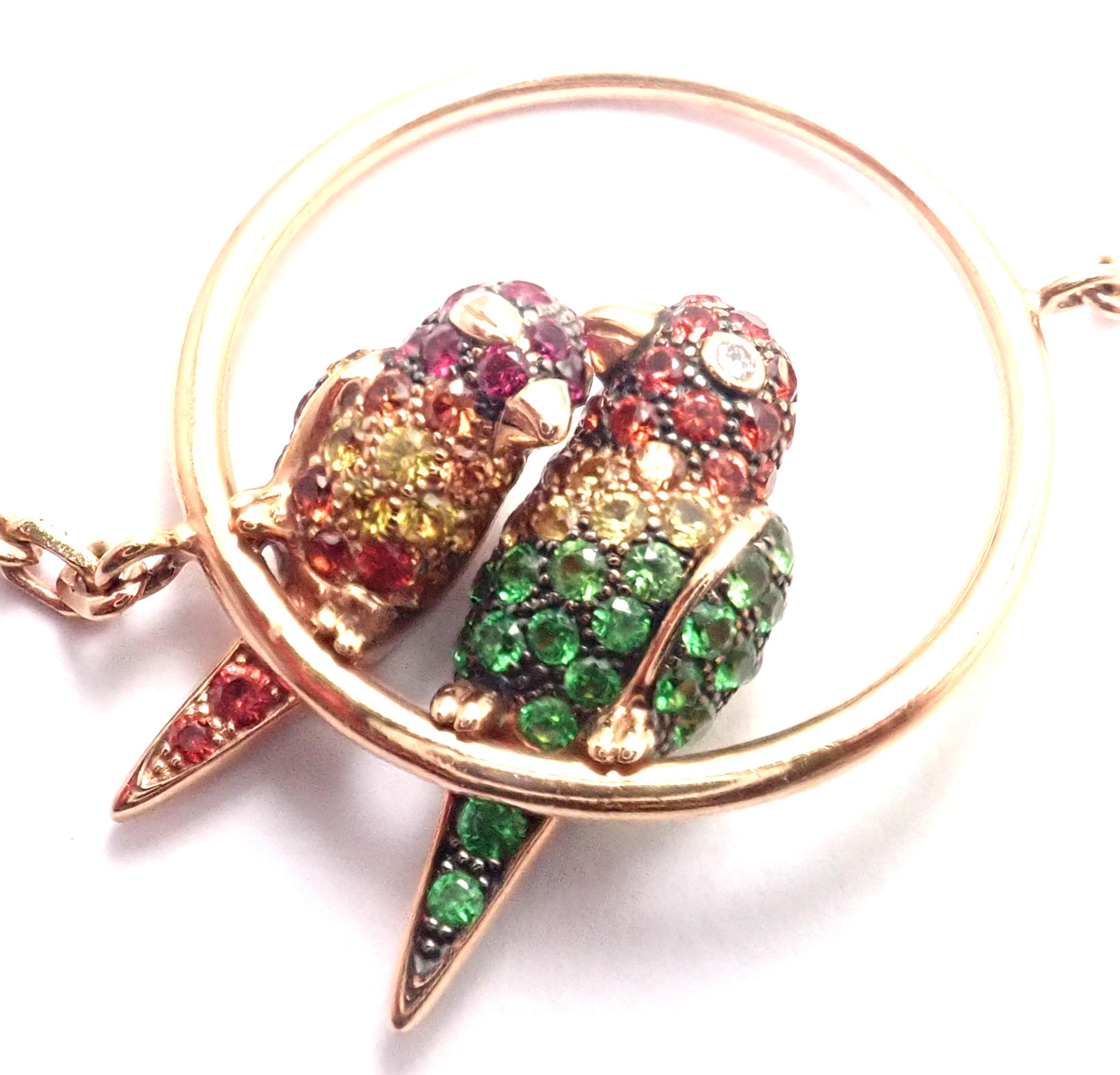 Boucheron Nuri Parrot Diamond Color Sapphire Tsavorite Rose Gold Long Necklace In Excellent Condition In Southampton, PA