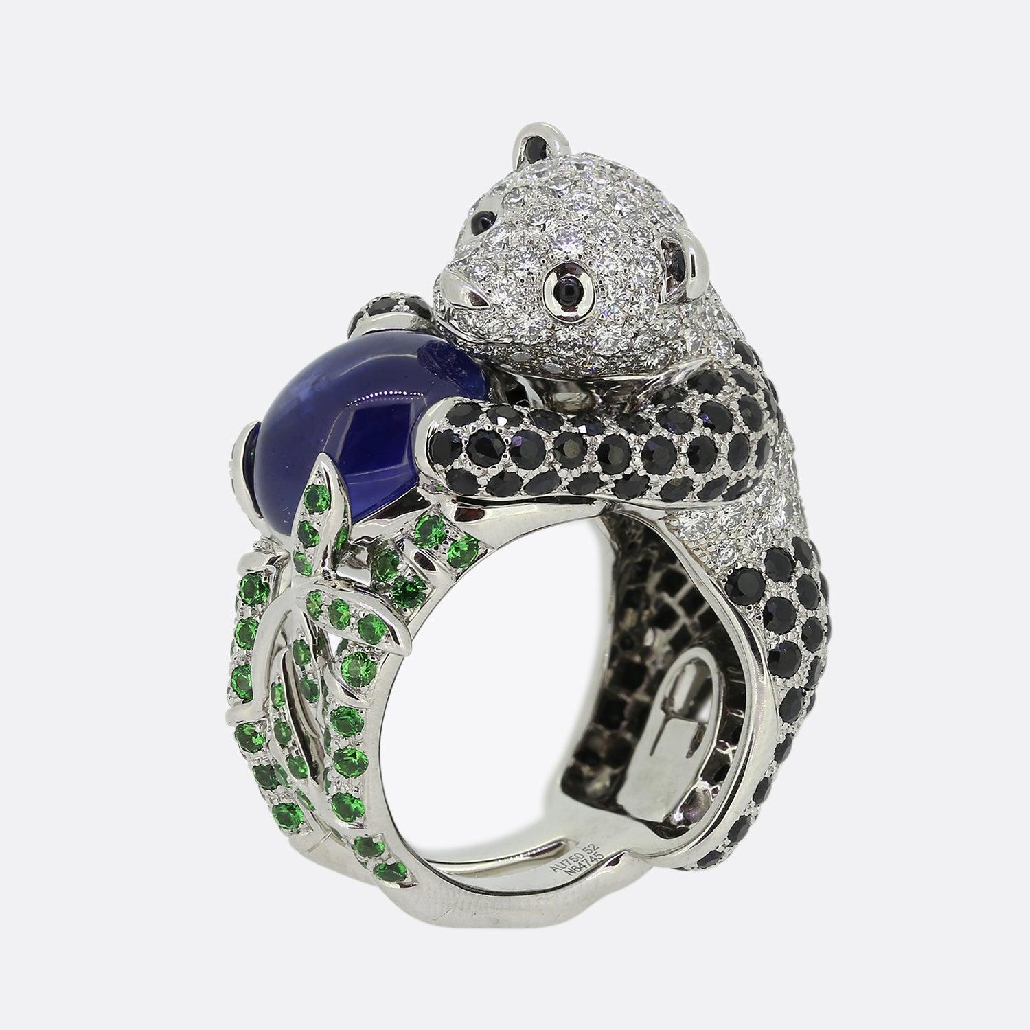Here we have a boldly crafted piece from the world renowned luxury jewellery designer, Boucheron. This piece forms part of their Animaux de Collection and in 18ct white gold a stylised a panda has been paved with round brilliant white diamonds and