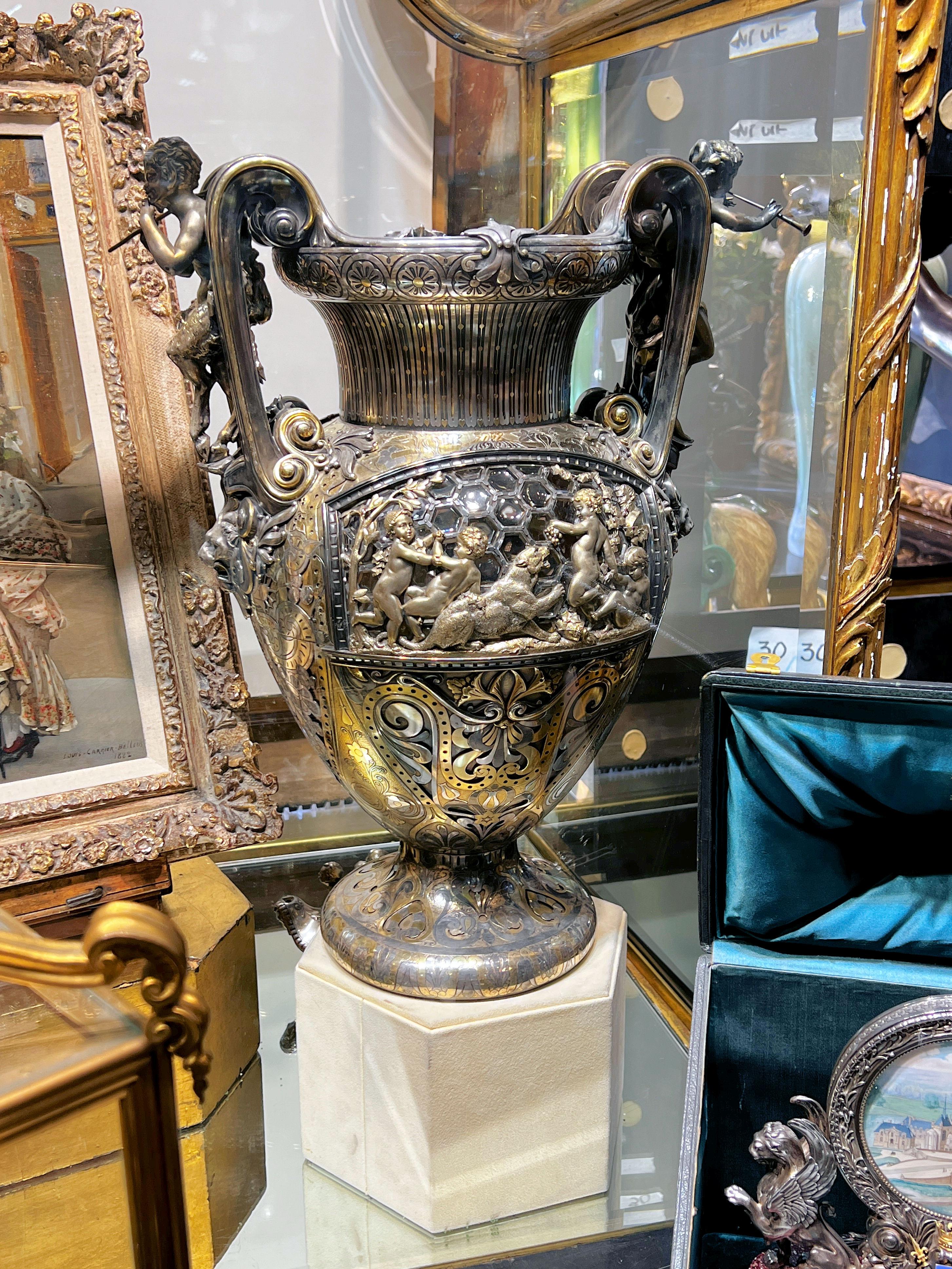 French Boucheron Parcel Gilt Silver Vase and Oil Lamp circa 1880 For Sale