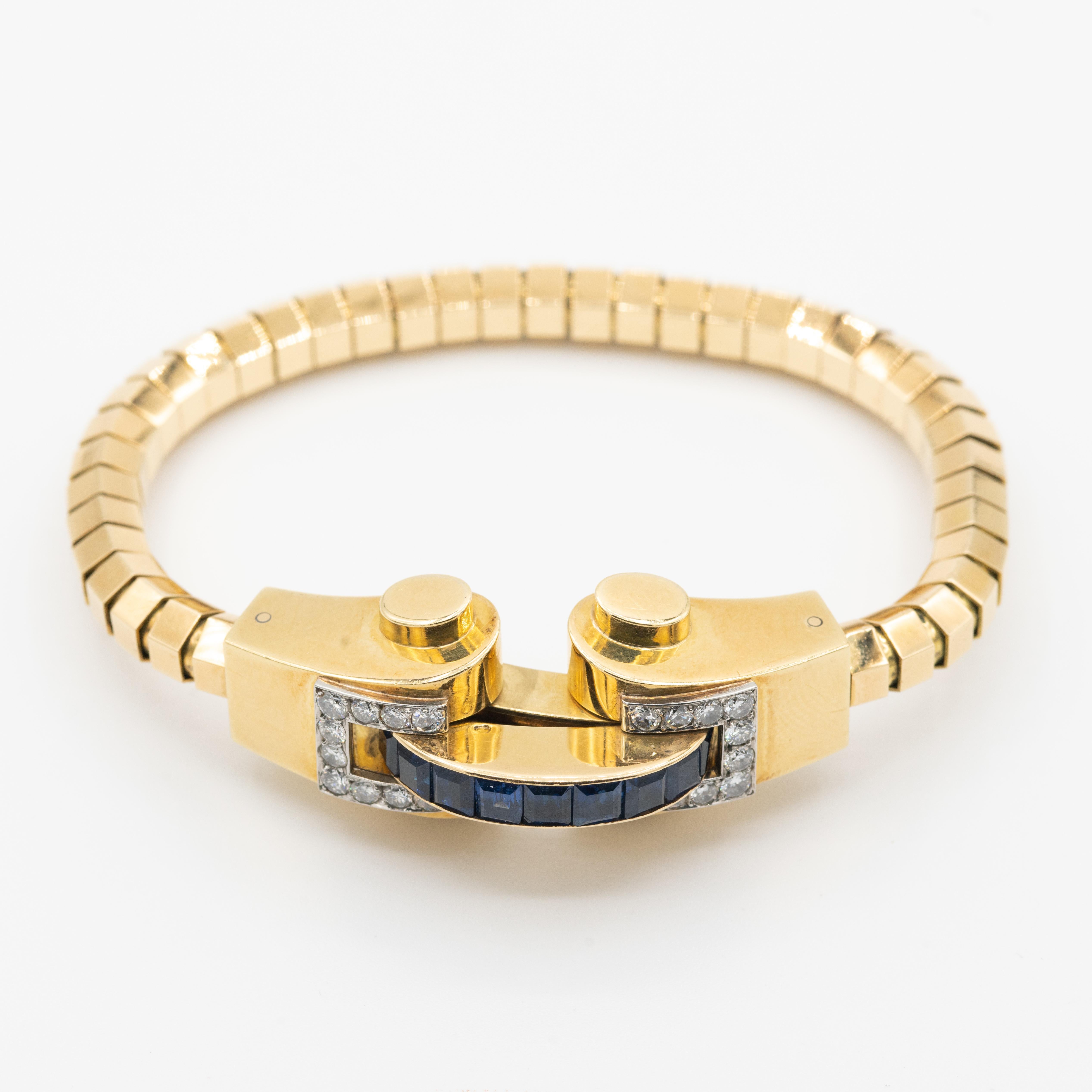 Maker: Boucheron Paris
Period: Retro
Year: 1930s-1940s
Material: 18K Yellow Gold, 1.20cts Diamond, 4.20cts Sapphire
Weight: 47 grams
Length: 18.5cm/7.2 inches
Size: Fits up to 6.8 inch wrist
Condition: Pristine Vintage
Includes: Original signed