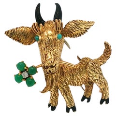Boucheron Paris 18K Animal Brooch Goat Carrying Clover Yellow Gold