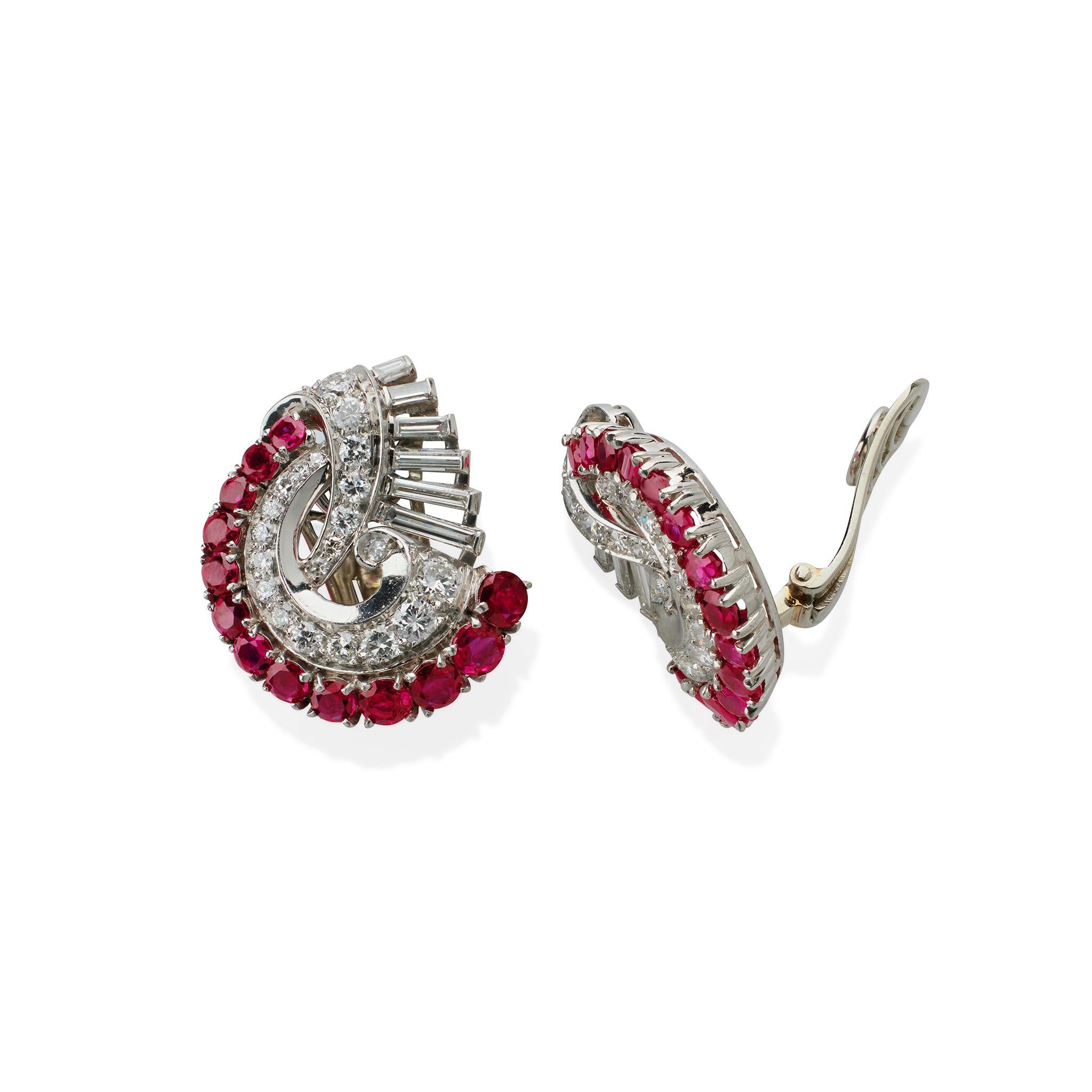 Retro Ruby and Diamond Swirl Clip Earrings In Excellent Condition In New York, NY