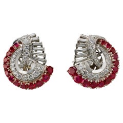 Retro Ruby and Diamond Swirl Clip Earrings