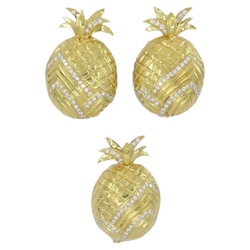 Boucheron Paris 18k Gold Diamond Pineapple Earring Pin Set