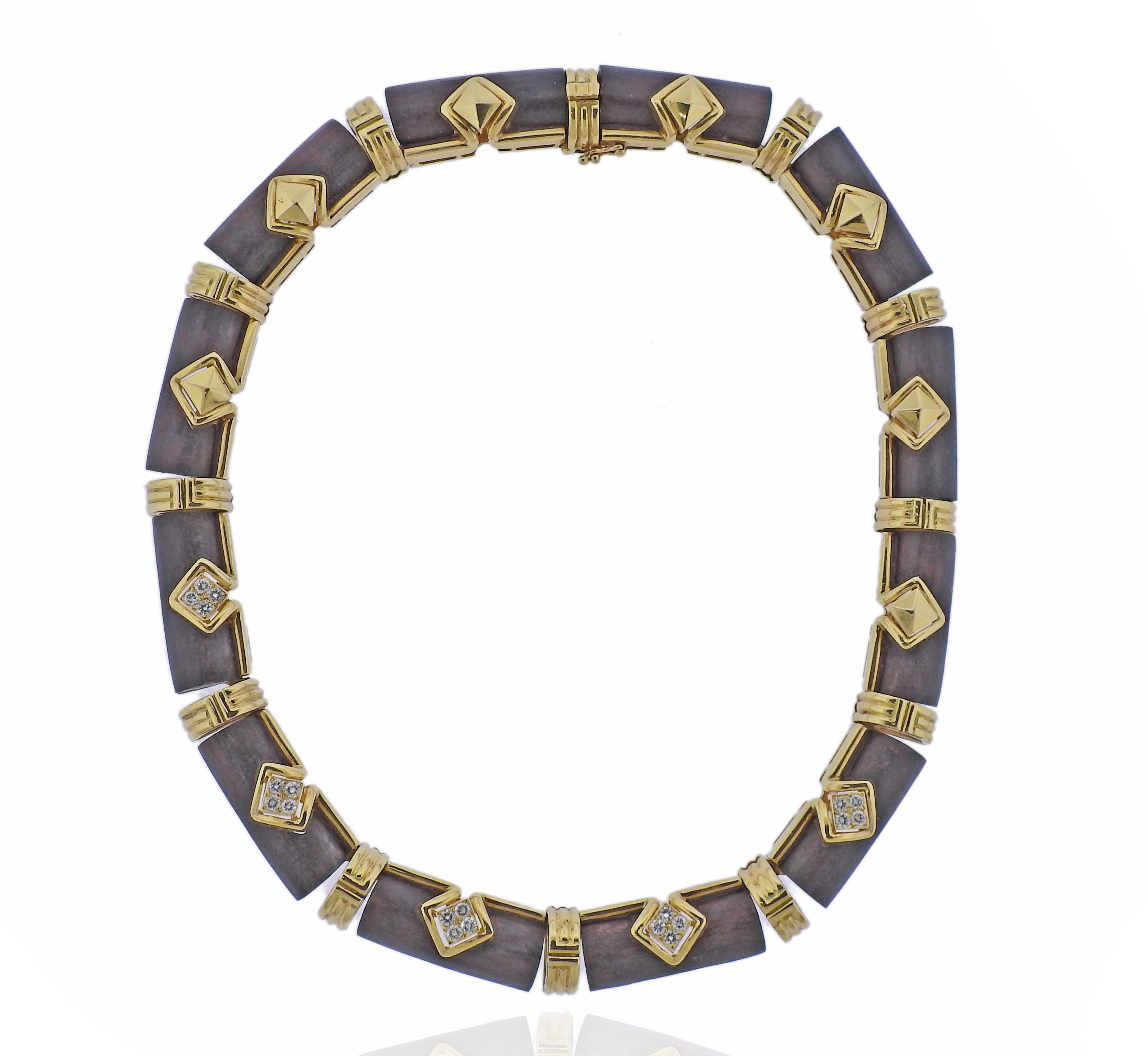 Exquisite 18k gold Boucheron necklace with wood and approx. 1.00ctw G/VS diamonds. Necklace is 14.5