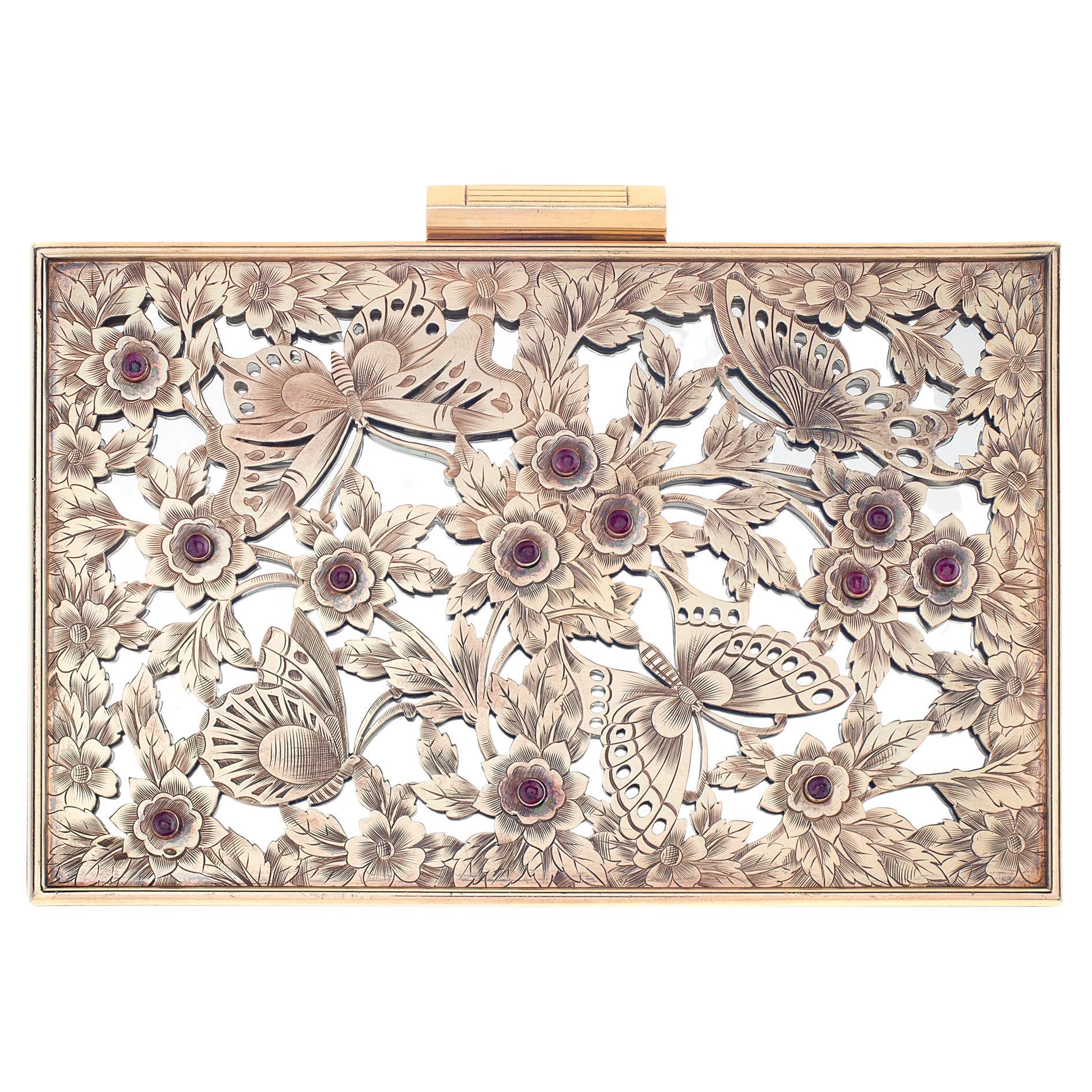 Boucheron, Paris, 18k Rose Gold, Sterling Silver & Rubies Butterflies Minaudière For Sale