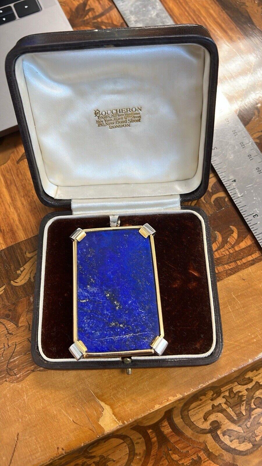 Round Cut BOUCHERON PARIS 18k Yellow Gold, Lapis & Diamond Aquarius Zodiac Pendant 1950s