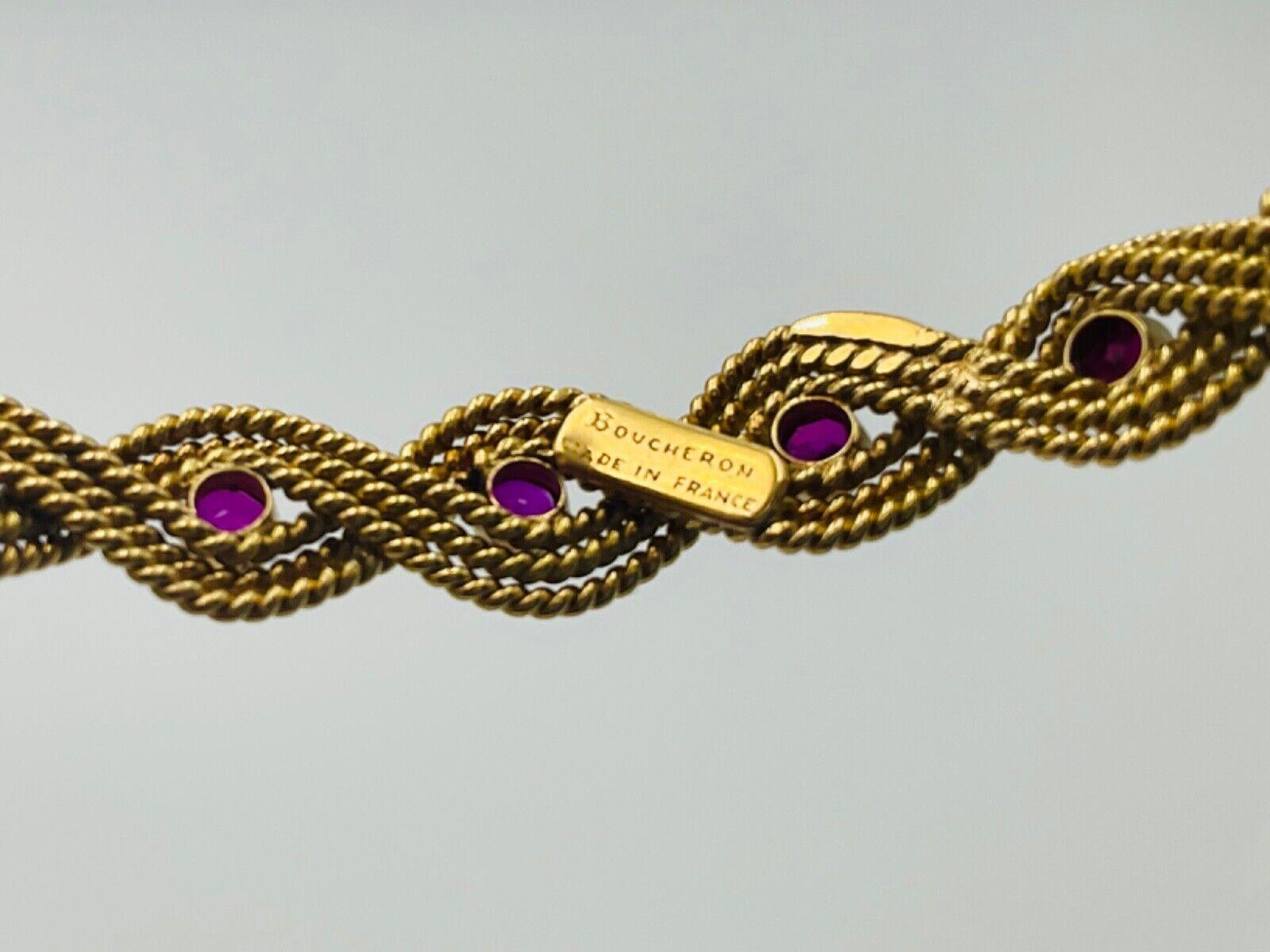 Round Cut BOUCHERON PARIS 18k Yellow Gold & Ruby Woven Bangle Bracelet Vintage C. 1960s For Sale