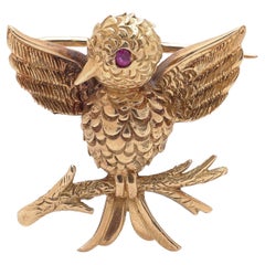 Boucheron Paris 18kt Gold Bird Brooch with Ruby Eye, Circa 1920s