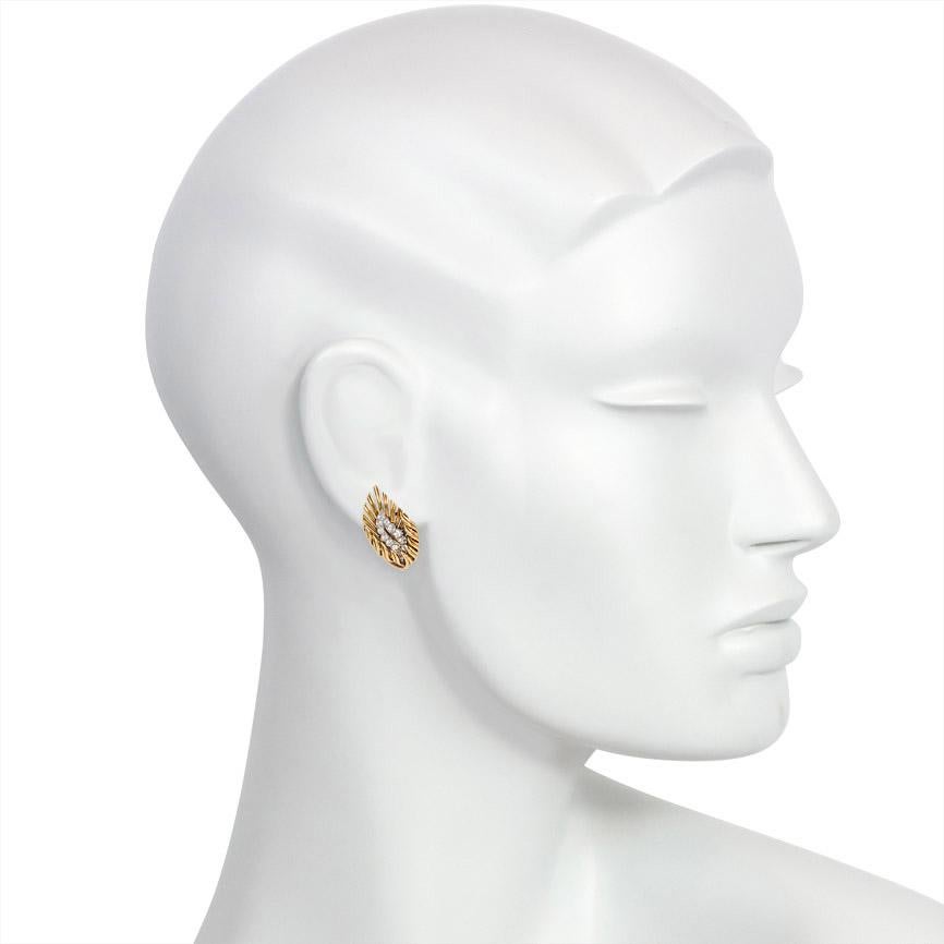 Round Cut Boucheron, Paris 1950s Gold and Diamond Flame Earrings For Sale