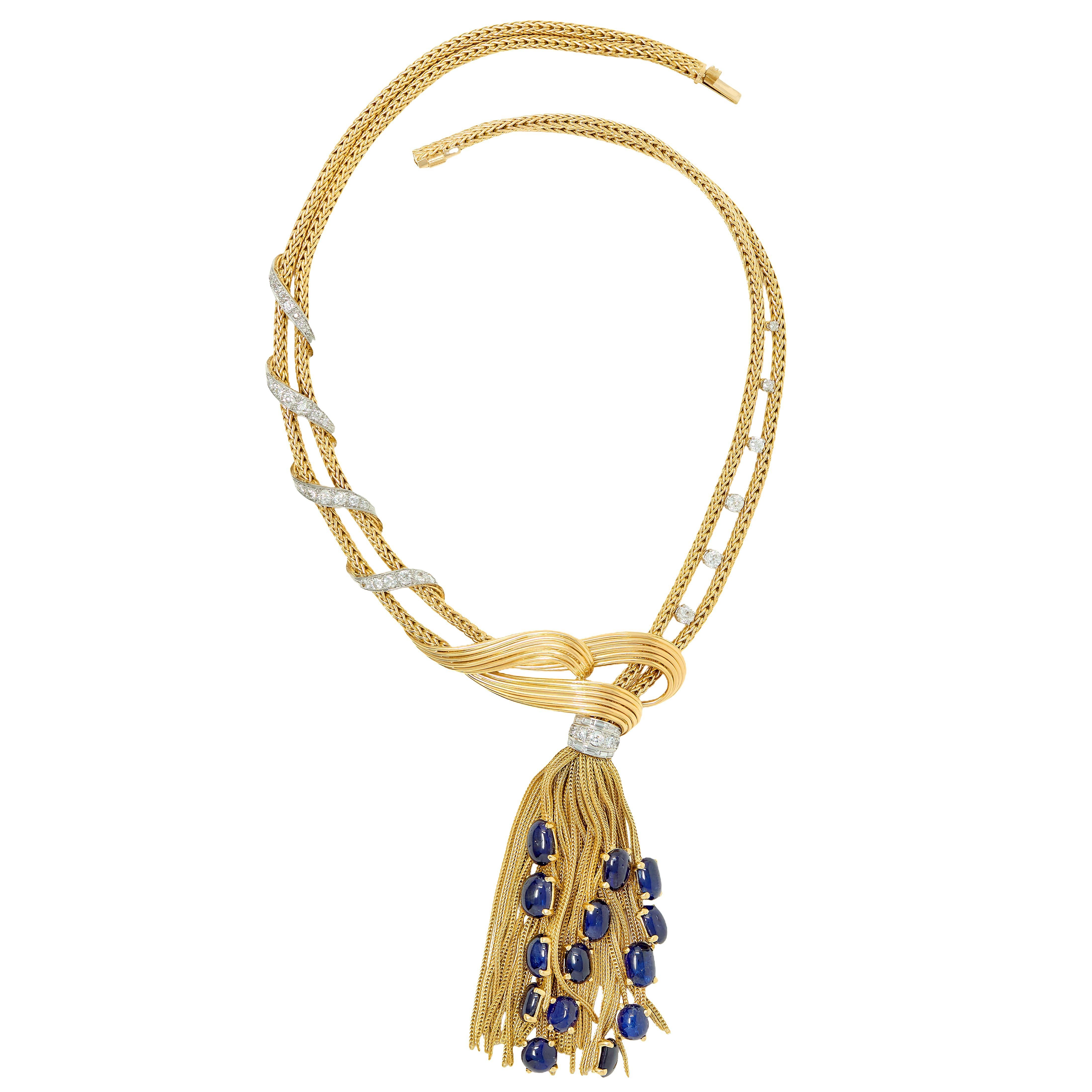 Taille cabochon Boucheron Paris 1950's Sapphire Diamond 18K Yellow Gold Platinum Tassel Necklace en vente