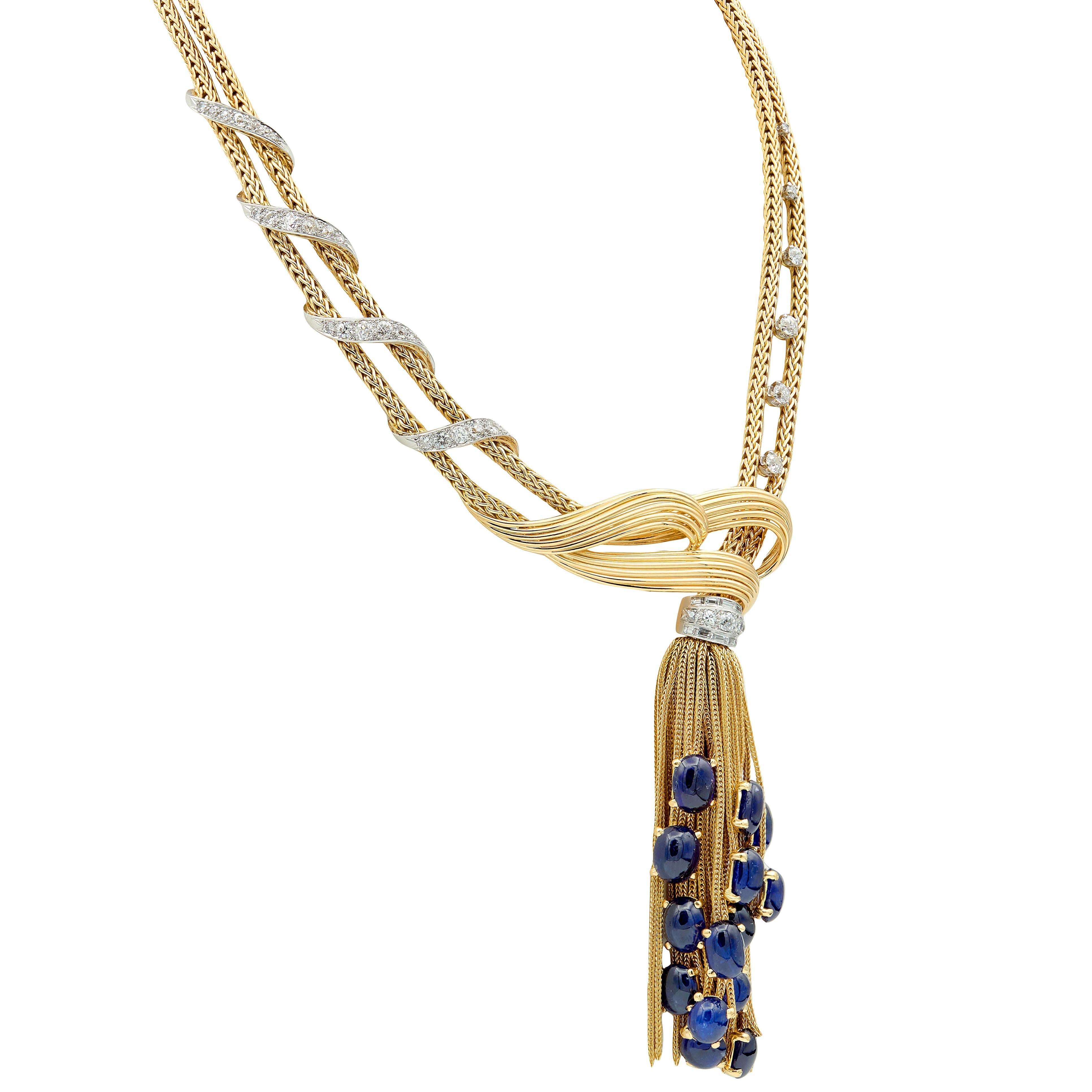 Boucheron Paris 1950's Sapphire Diamond 18K Yellow Gold Platinum Tassel Necklace Excellent état - En vente à Philadelphia, PA
