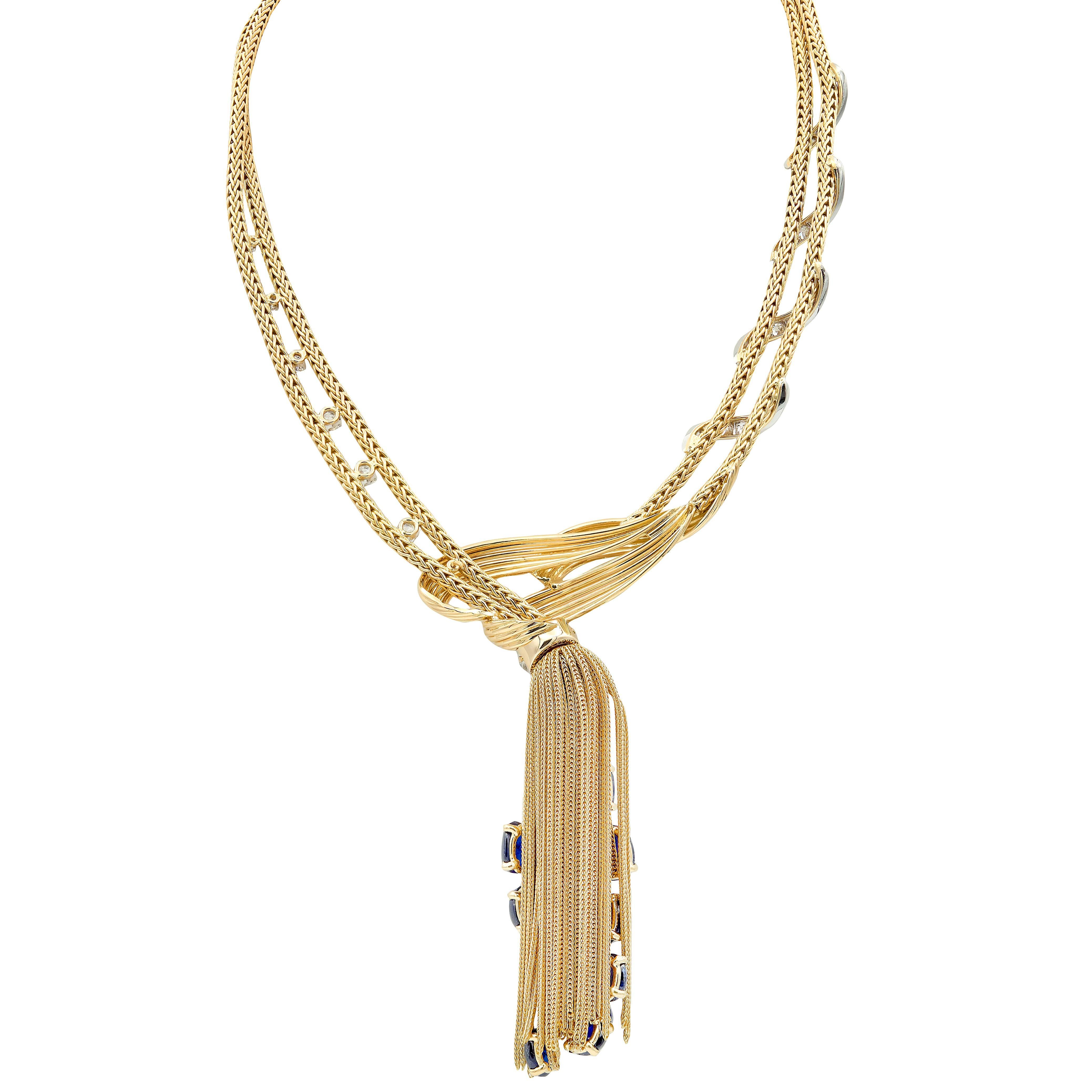 Boucheron Paris 1950's Sapphire Diamond 18K Yellow Gold Platinum Tassel Necklace Pour femmes en vente