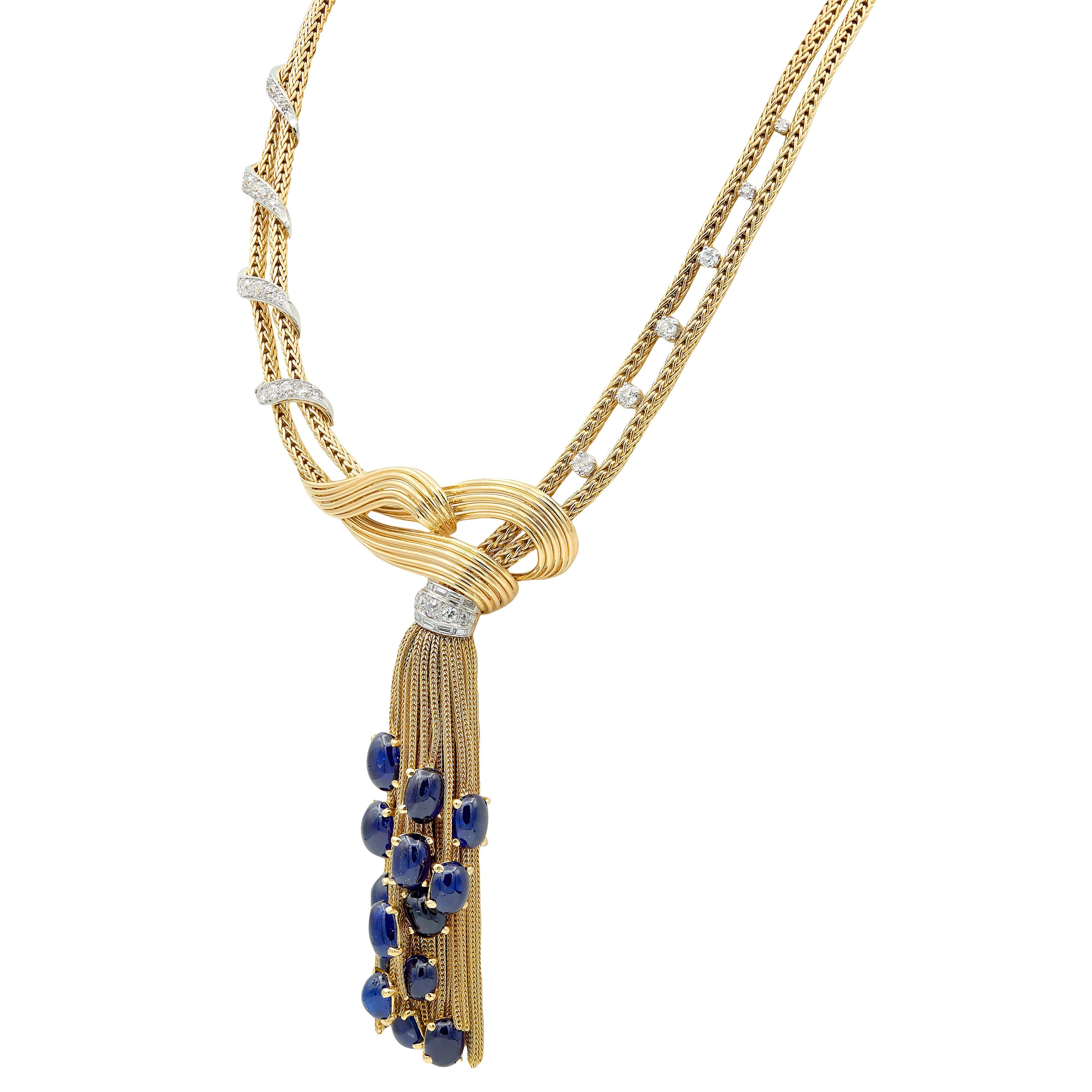 Boucheron Paris 1950's Sapphire Diamond 18K Yellow Gold Platinum Tassel Necklace en vente 1