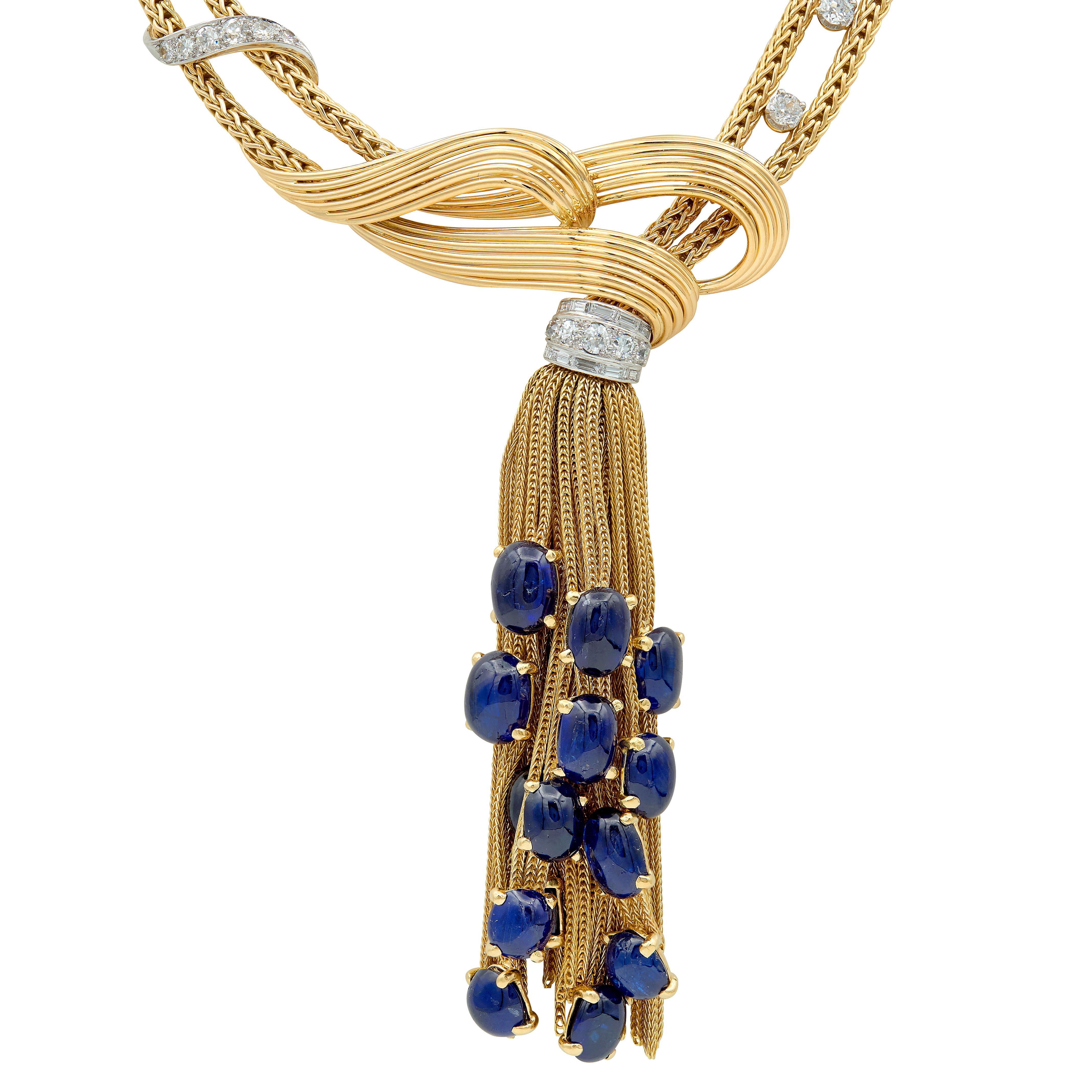 Boucheron Paris 1950's Sapphire Diamond 18K Yellow Gold Platinum Tassel Necklace en vente 3