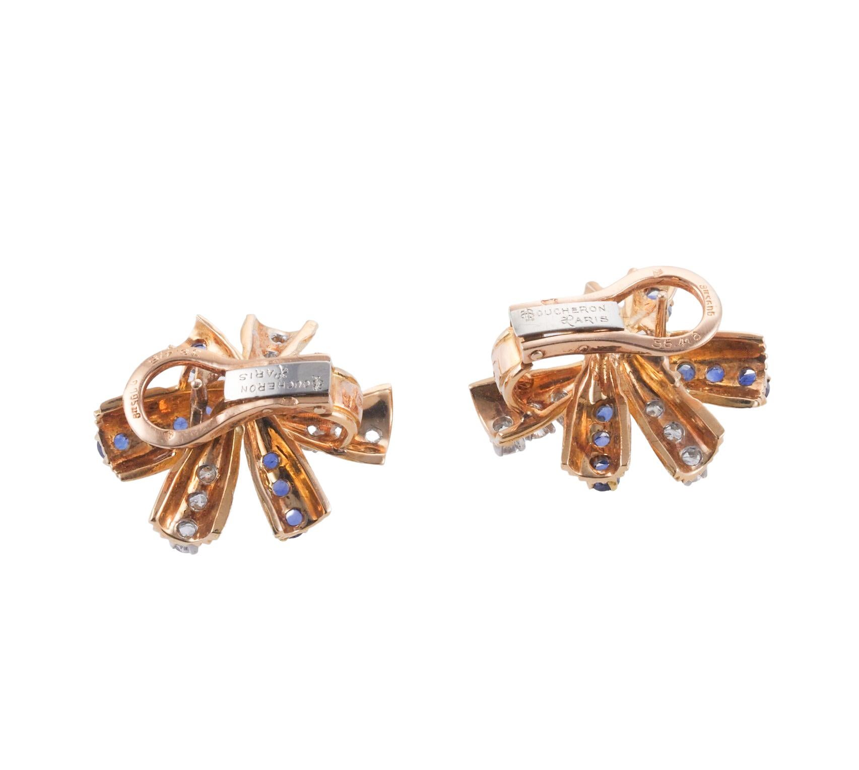 Boucheron Paris 1960s Diamond Sapphire Gold Earrings In Excellent Condition For Sale In New York, NY